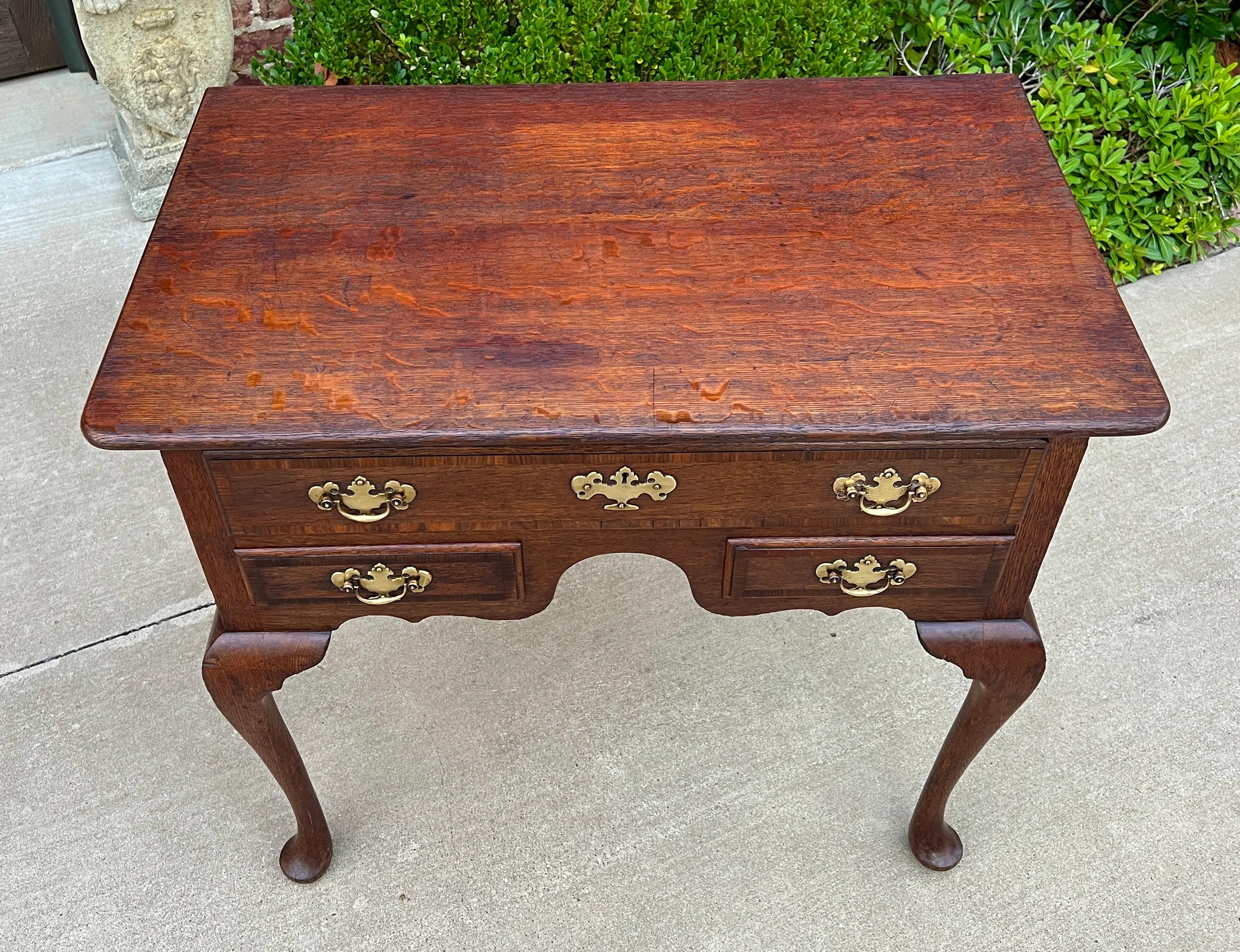 Antique English Georgian Table Small Desk Nightstand Lowboy 3 Drawers Tiger Oak For Sale 3