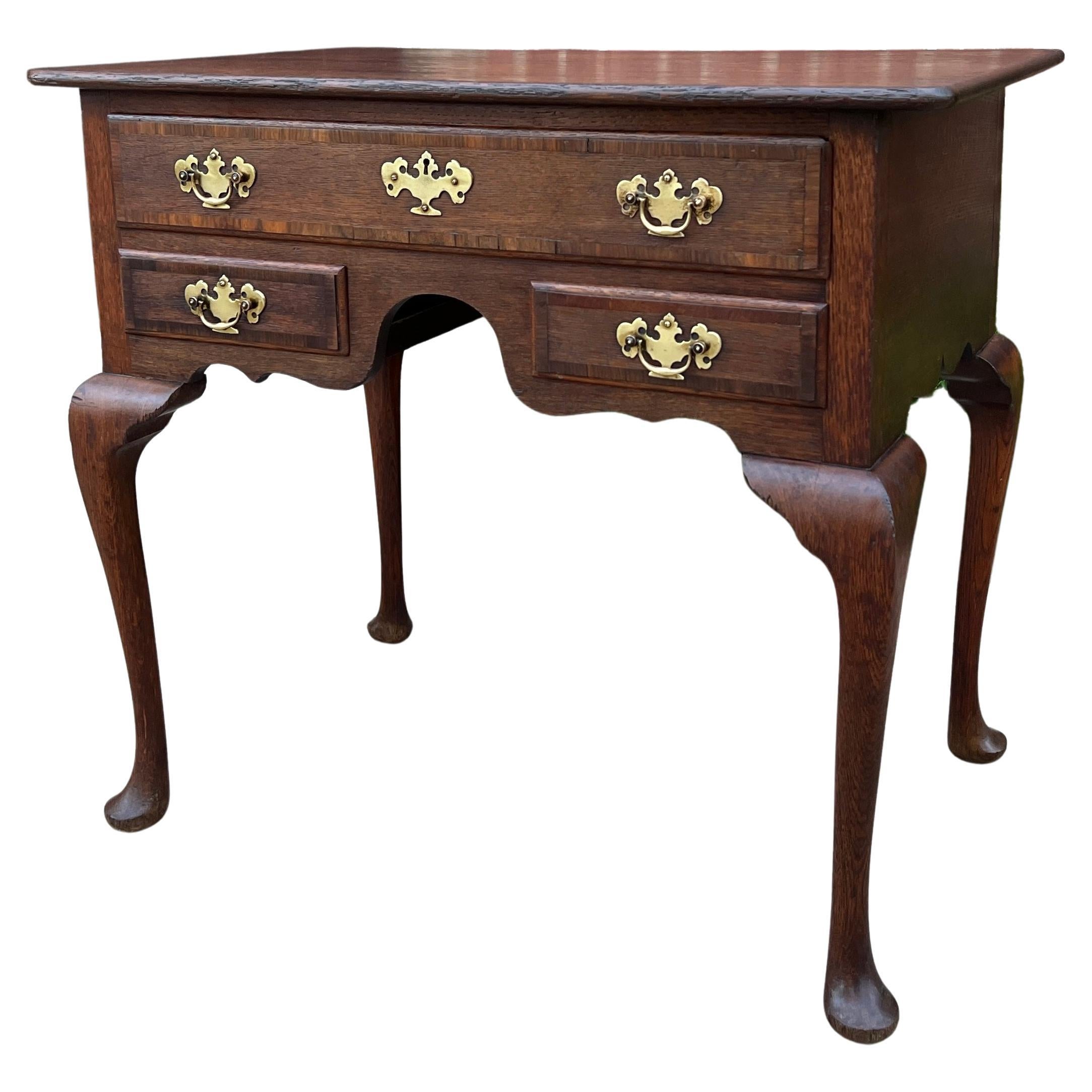 Antique English Georgian Table Small Desk Nightstand Lowboy 3 Drawers Tiger Oak For Sale