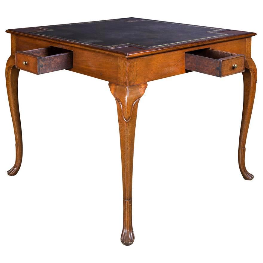 Hand-Carved Antique English Georgian Walnut Leather Top Games Table Late 19th Century For Sale