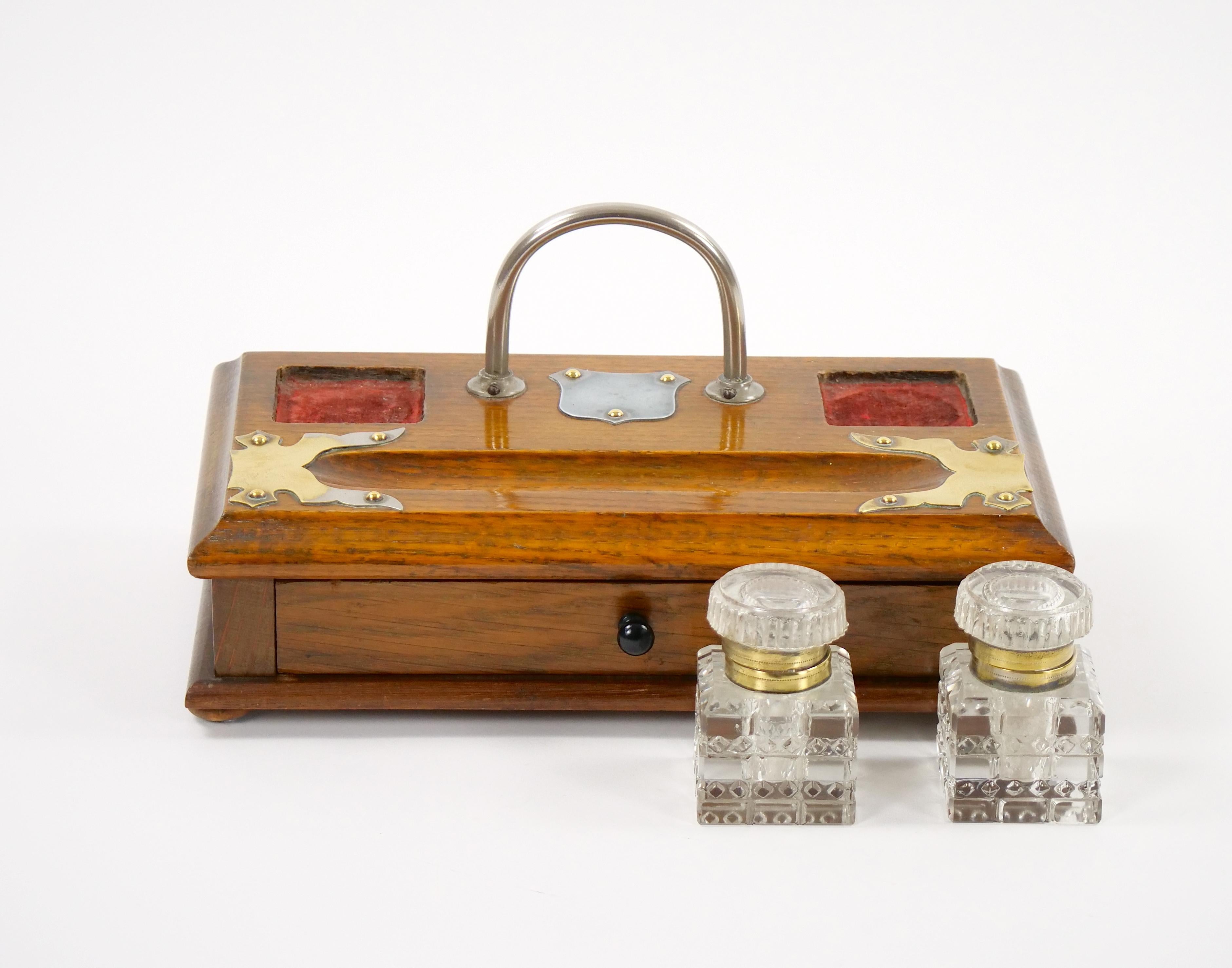 19th Century Antique English Georgian Walnut Mahogany and Cut Glass Inkwell For Sale