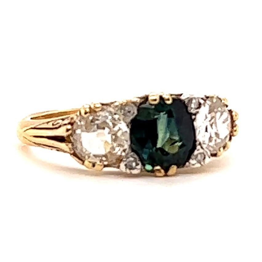 Edwardian Antique English GIA Sapphire Diamond 18 Karat Gold Three Stone Ring