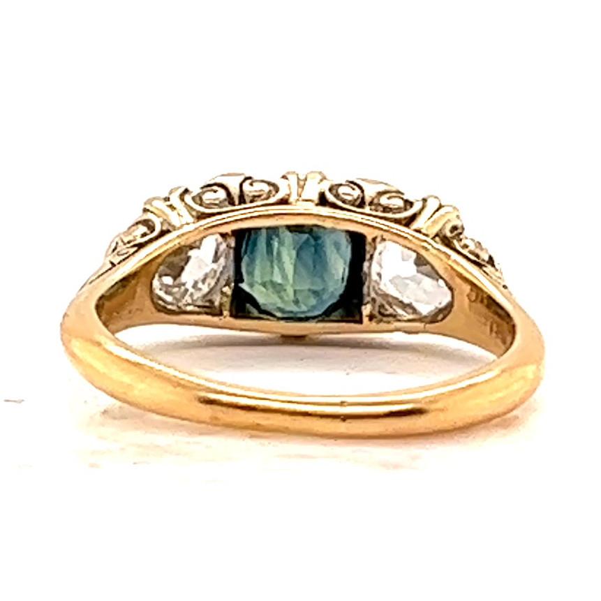 Antique English GIA Sapphire Diamond 18 Karat Gold Three Stone Ring In Excellent Condition In Beverly Hills, CA