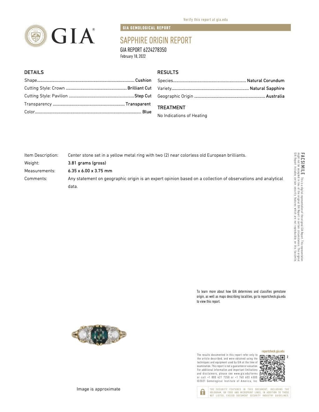 Women's or Men's Antique English GIA Sapphire Diamond 18 Karat Gold Three Stone Ring