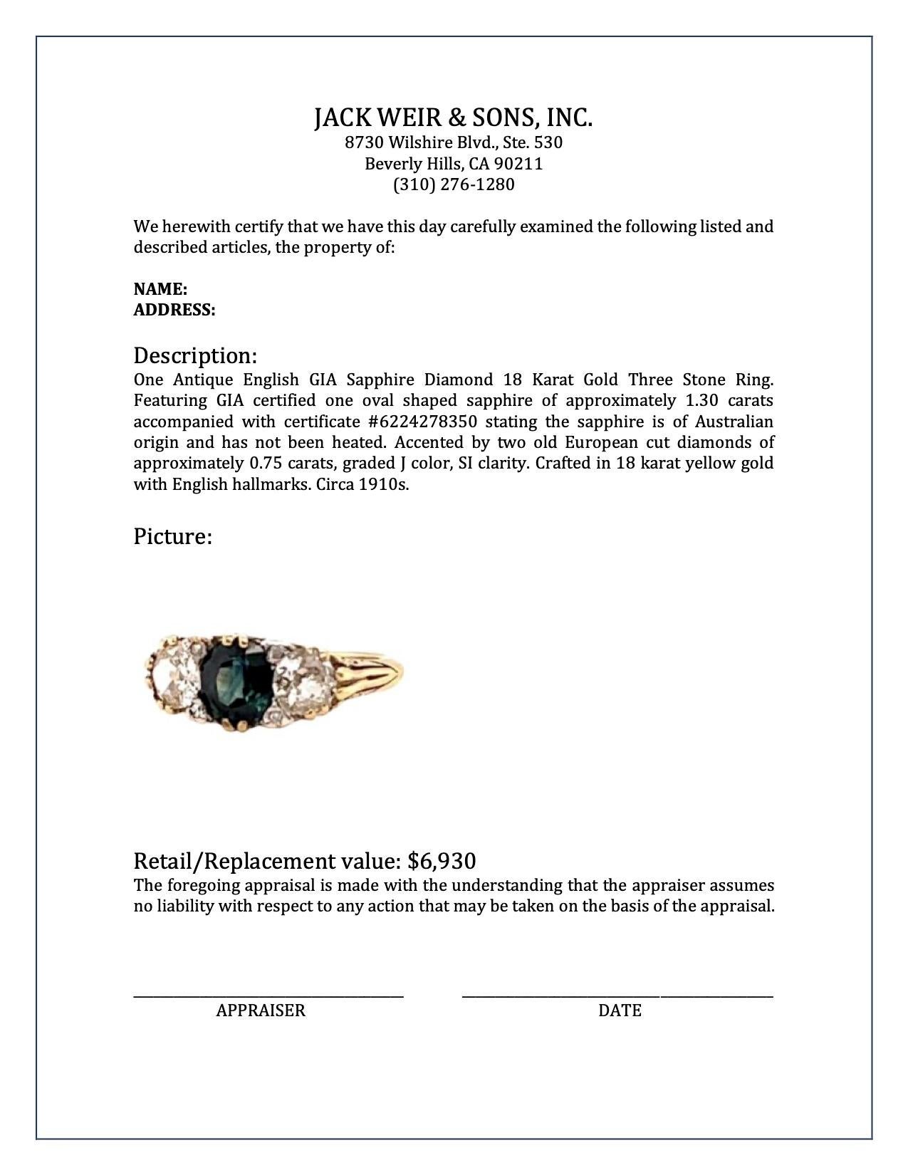 Antique English GIA Sapphire Diamond 18 Karat Gold Three Stone Ring 1