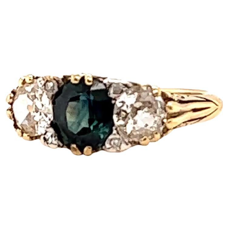Cushion Cut Antique English GIA Sapphire Diamond 18 Karat Gold Three Stone Ring