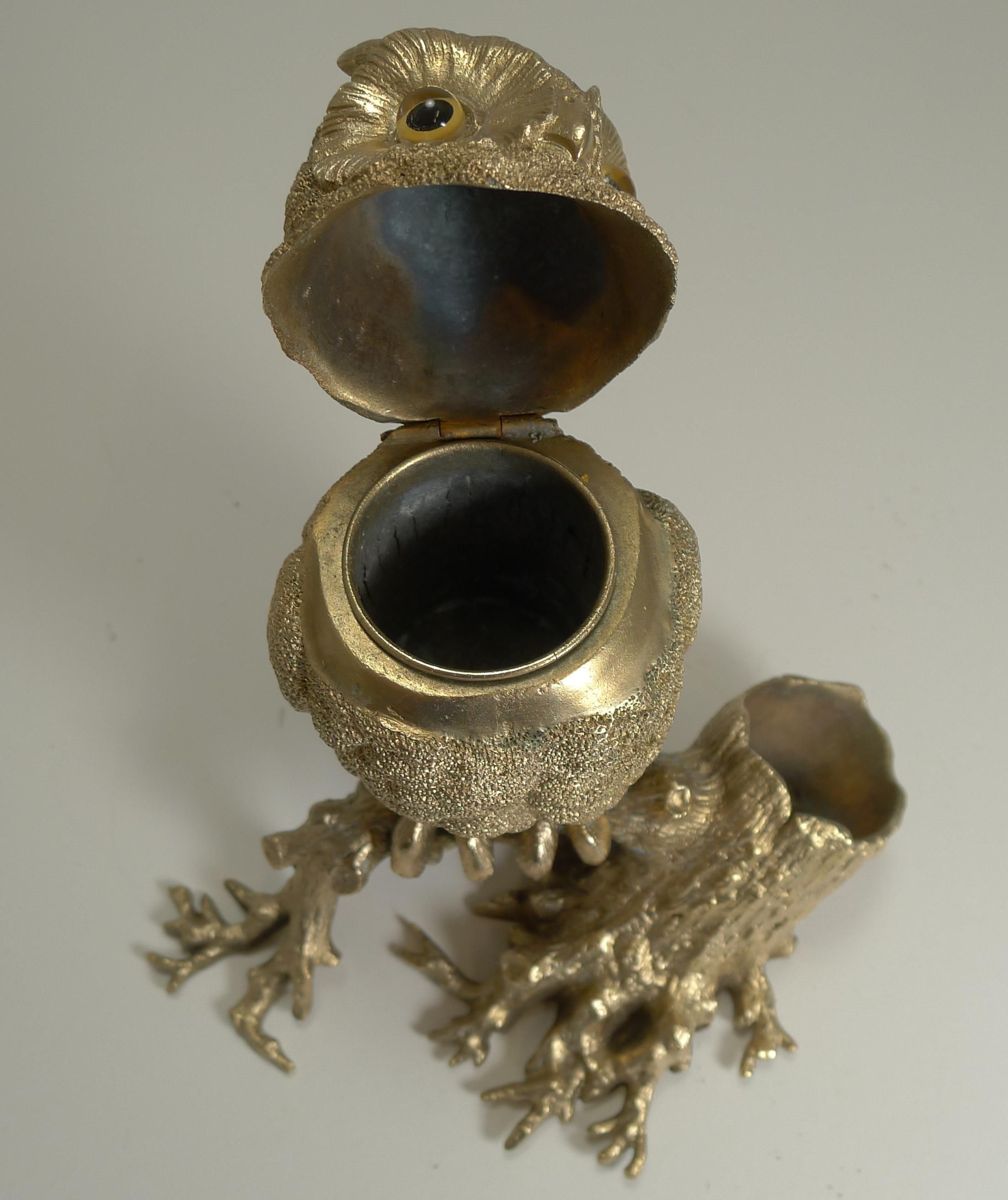 Antique English Gilded Bronze Novelty Inkwell, Owl with Glass Eyes, circa 1890 3
