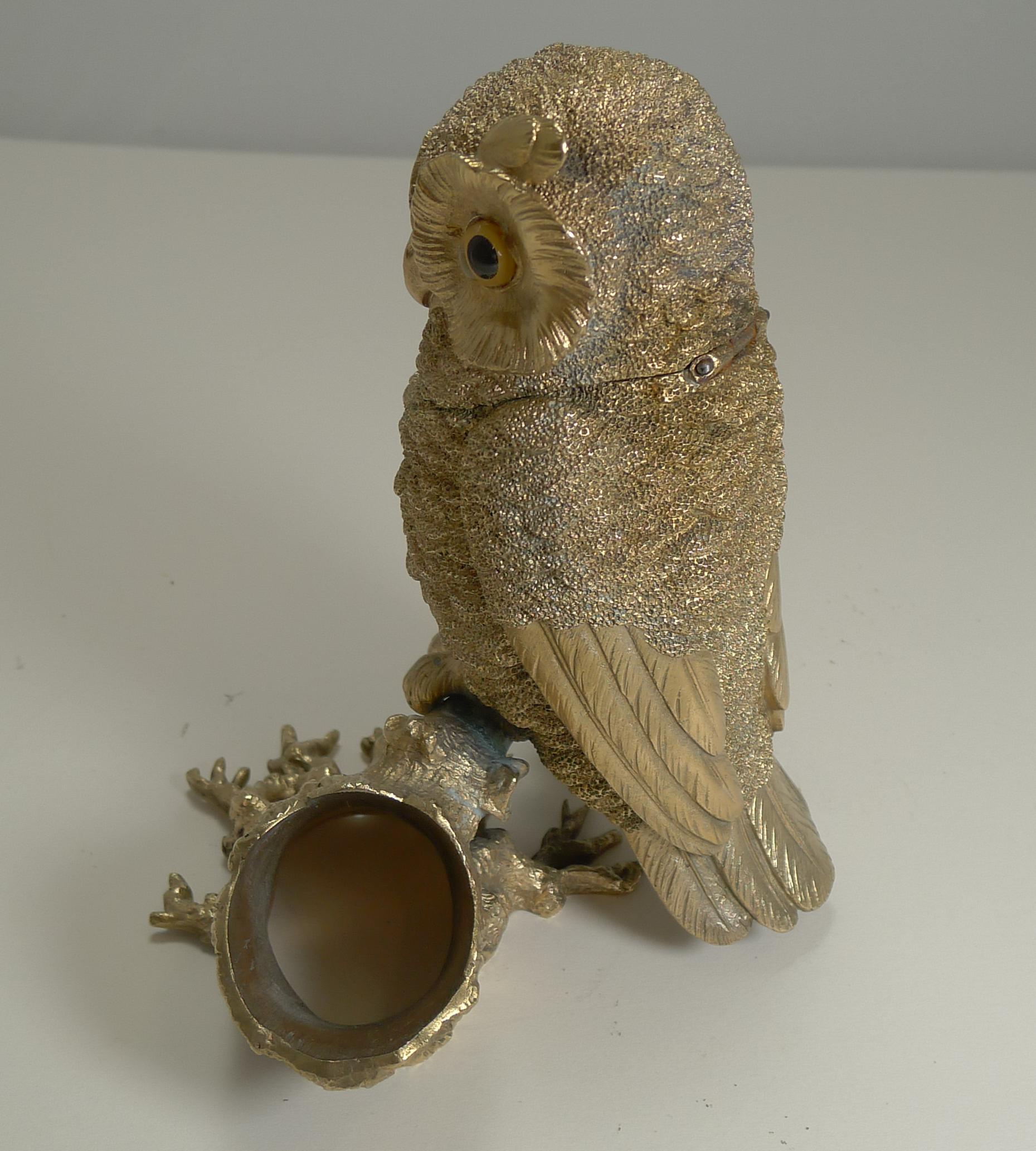 Late Victorian Antique English Gilded Bronze Novelty Inkwell, Owl with Glass Eyes, circa 1890