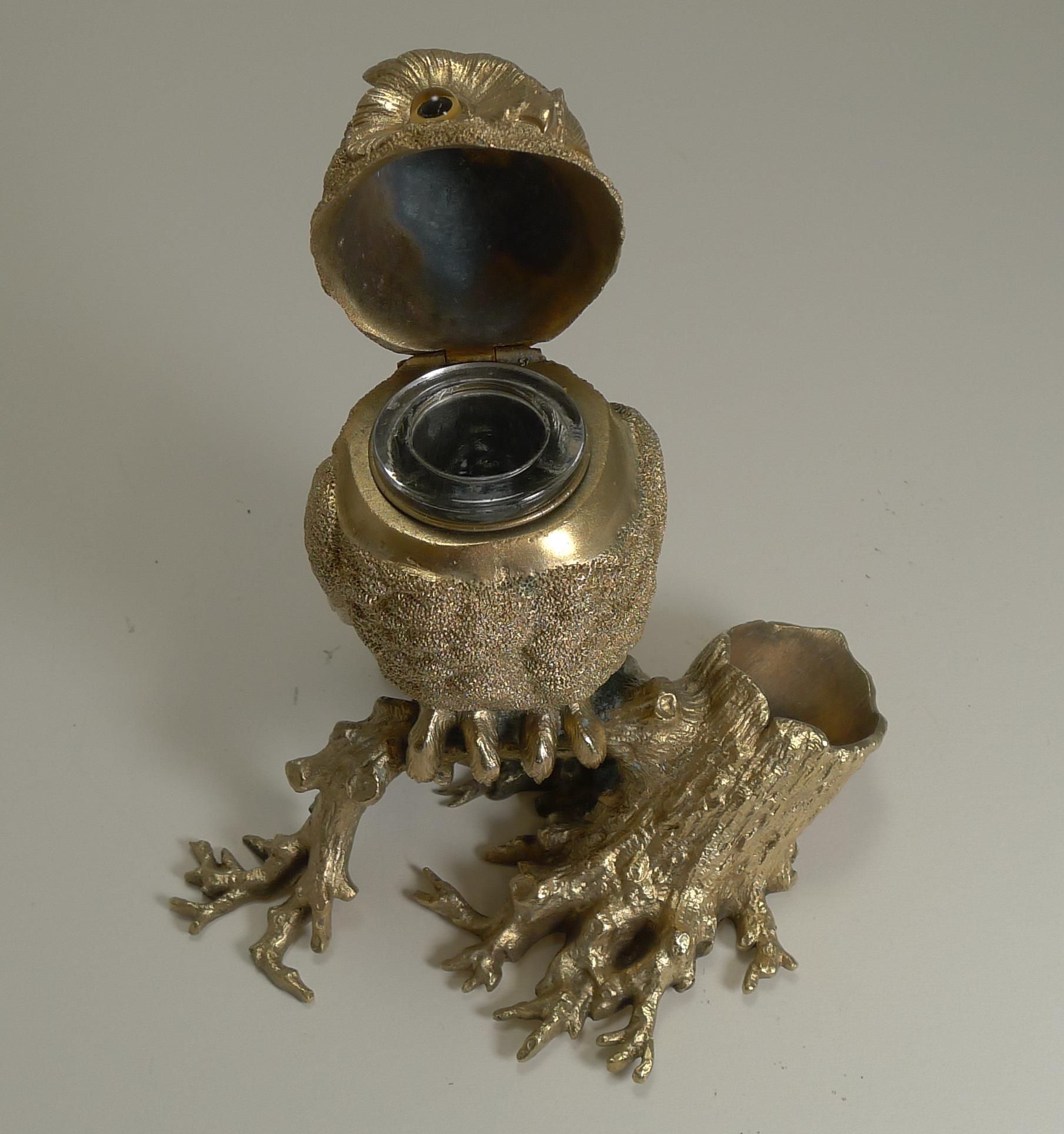 Late 19th Century Antique English Gilded Bronze Novelty Inkwell, Owl with Glass Eyes, circa 1890