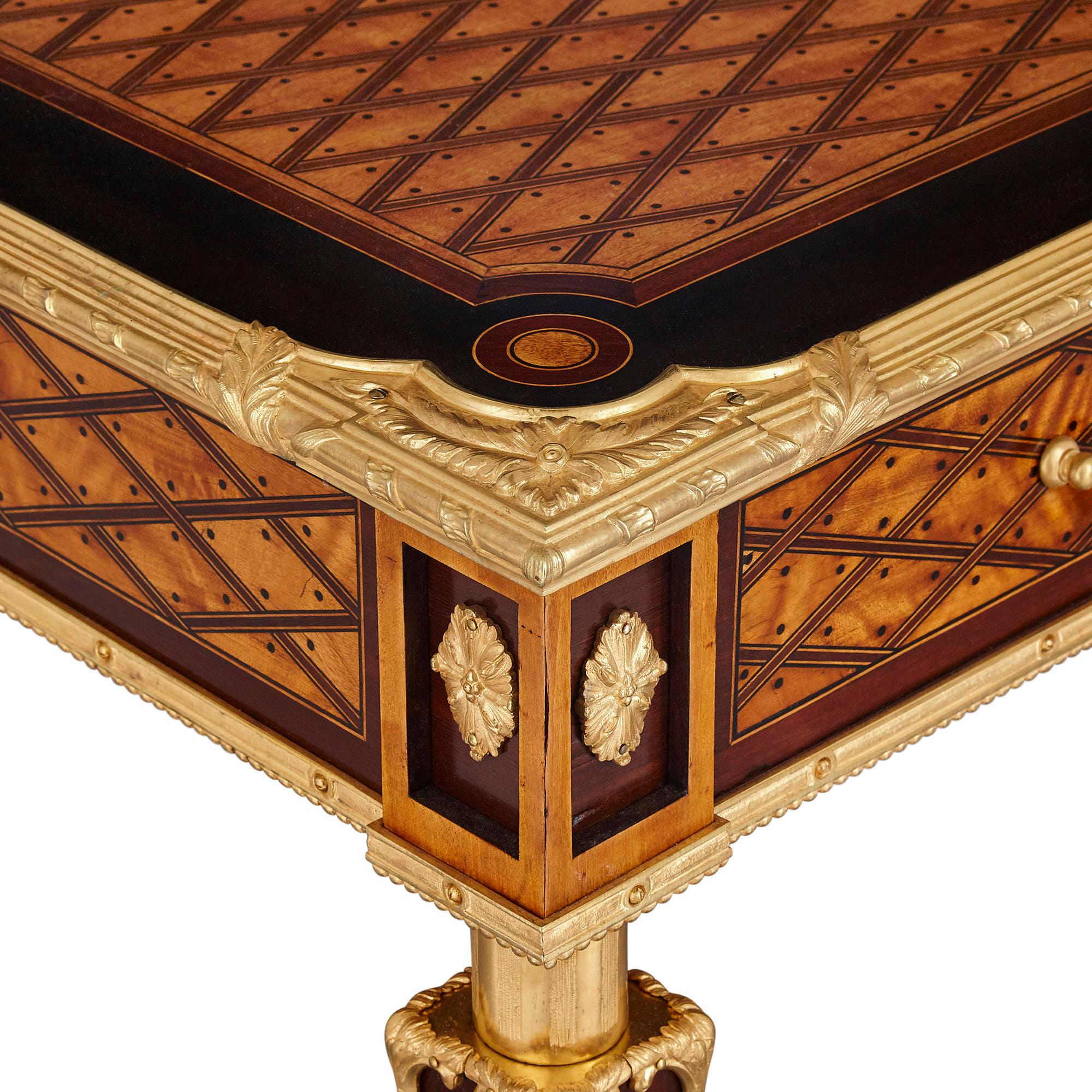 Neoclassical Antique English Gilt Bronze and Marquetry Desk by Donald Ross For Sale