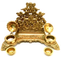 Antique English Gilt Gold Brass Letter Holder and Double Inkwell Desk Set
