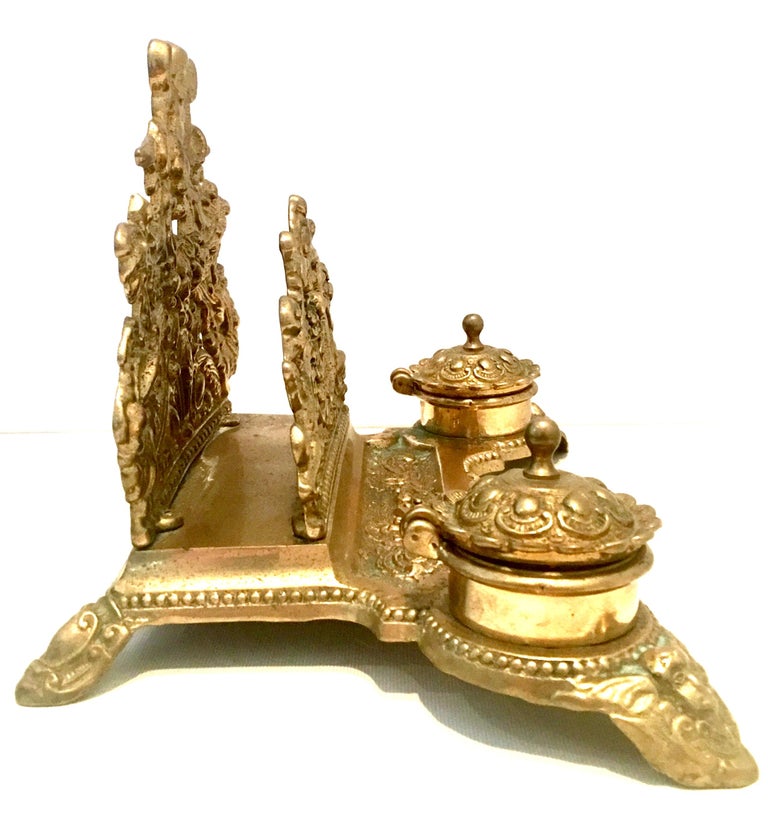Antique English Gilt Gold Brass Letter Holder and Double Inkwell Desk