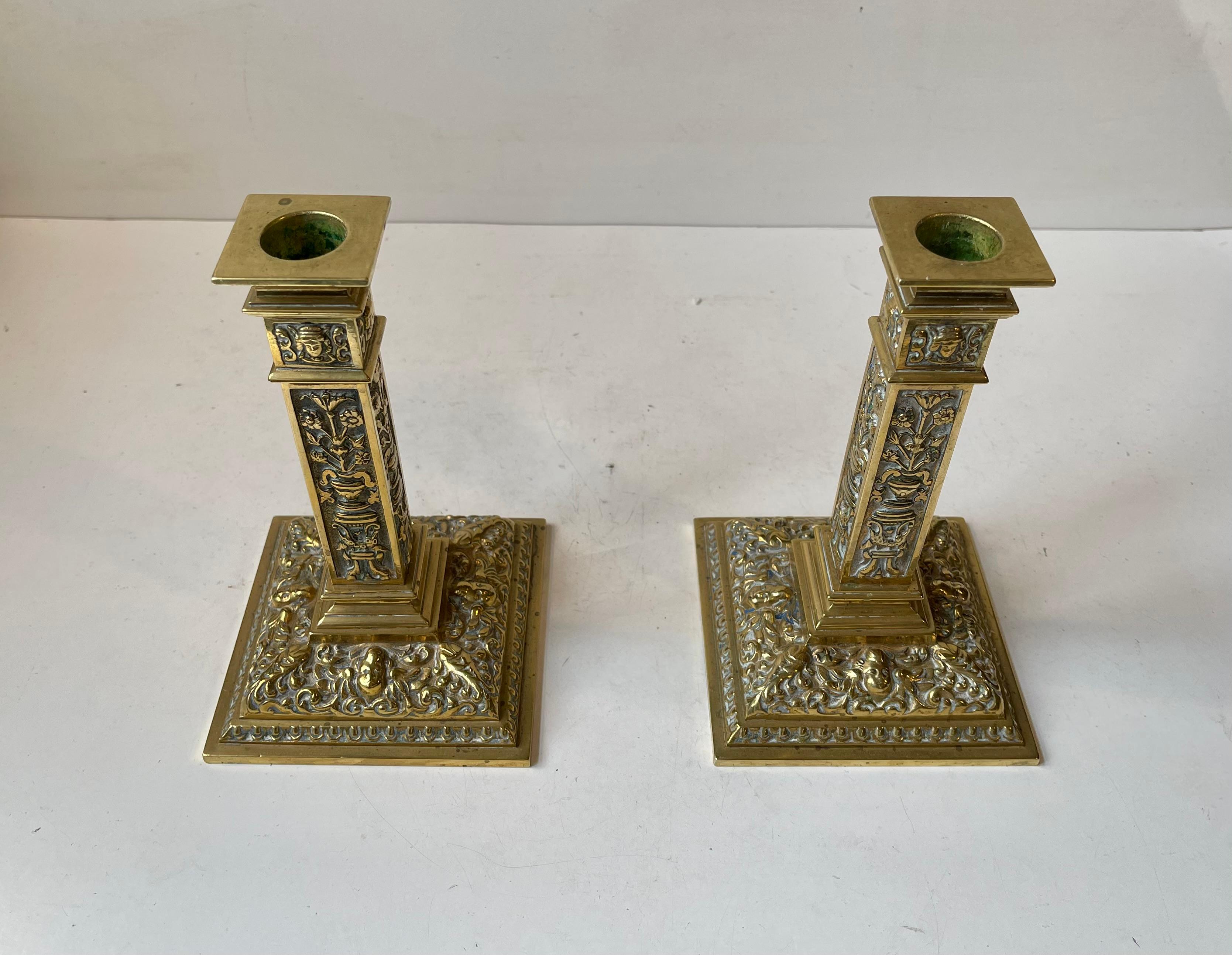 Pair of Rare Antique 19th Century Victorian Clarke's Gilt Ormolu Bronze candleholders. Neo-classical styling. Made by Samuel Clarke of Cricklewood in London circa 1880-1890 at the W. S. Foundry. Finely handmade English master craftmanship. Very