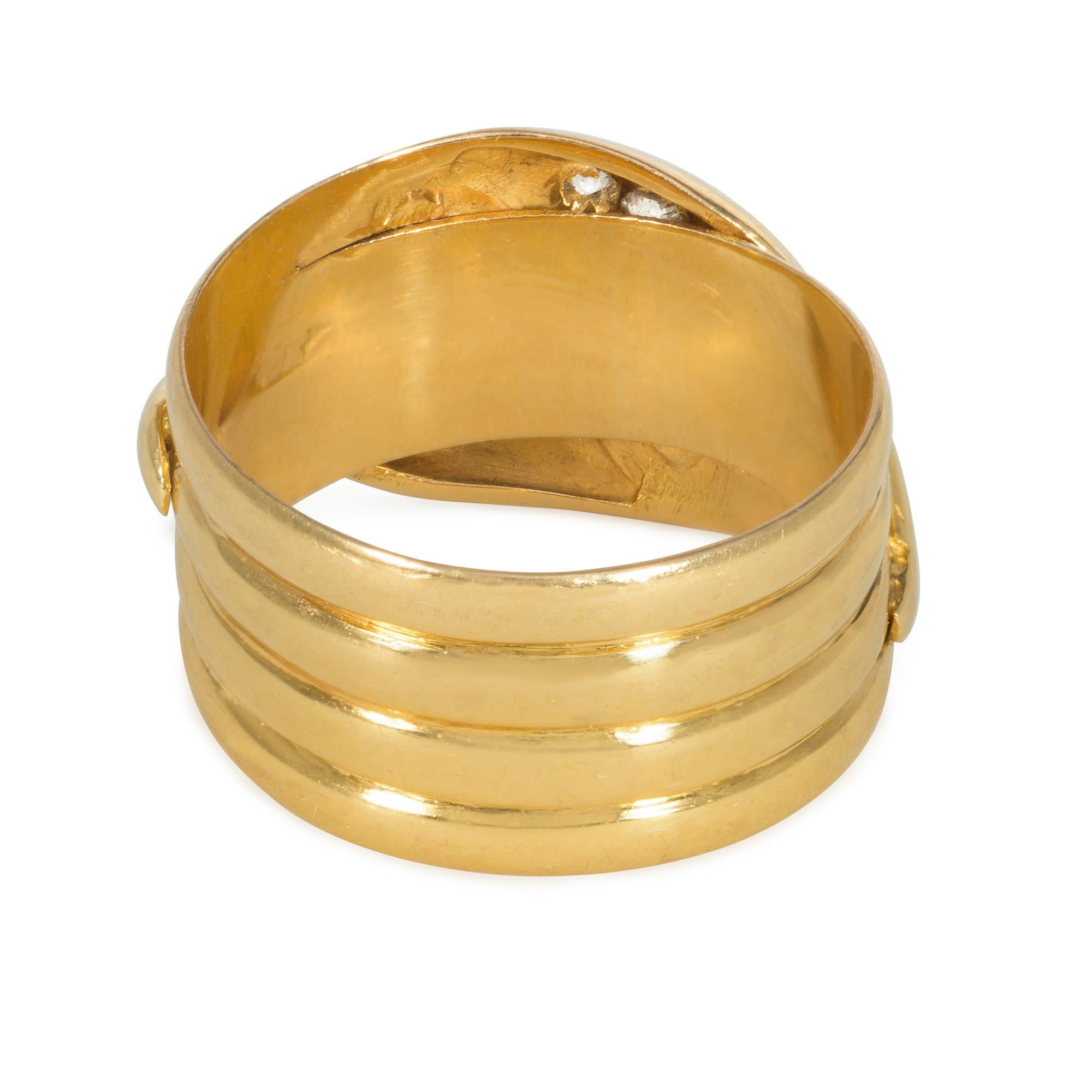 Victorian Antique English Gold and Diamond Double Snake Ring, Hallmarked For Sale