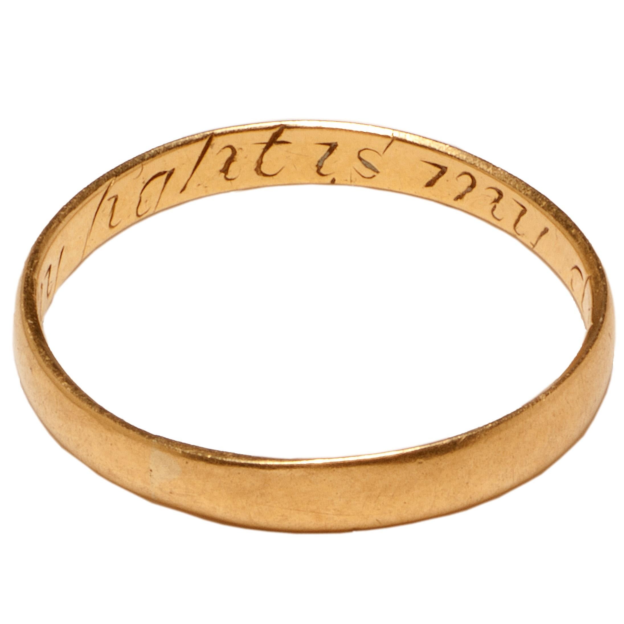 POSY RING “IN THY SIGHT IS MY DELIGHT” 
England, mid-18th century 
Gold 
Weight: 1.4g; circumference: 51.8mm; size: US 6, UK L ½ 

Fine hoop with round exterior and flat interior. The motto “In thy Sight is my delight” is engraved in italics on the
