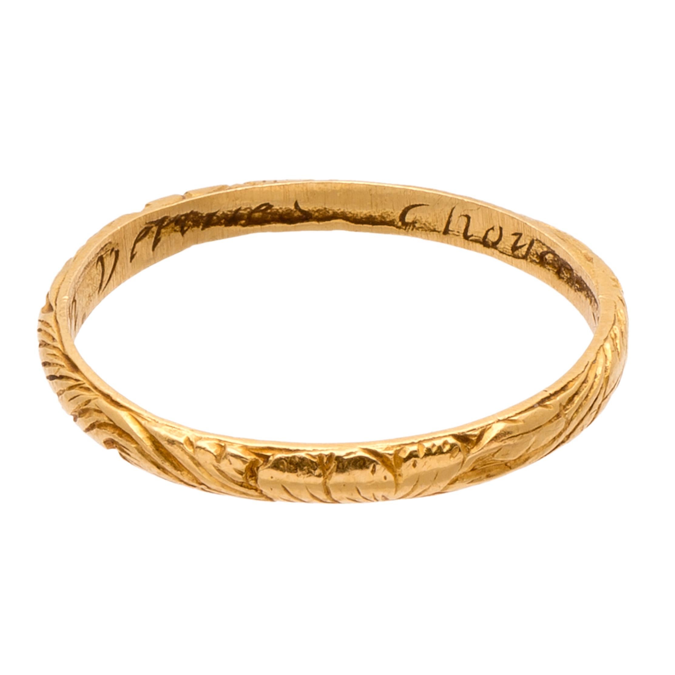 Posy ring, “No Cheigne in Vertues Choyse” (No change in virtue’s choice)
England, 16th-17th century
Gold
Weight 1.8 gr.; circumference 54.51 mm.; US size 7; UK size O

Rings with amatory mottos and inscriptions were known as “posy rings,” a term