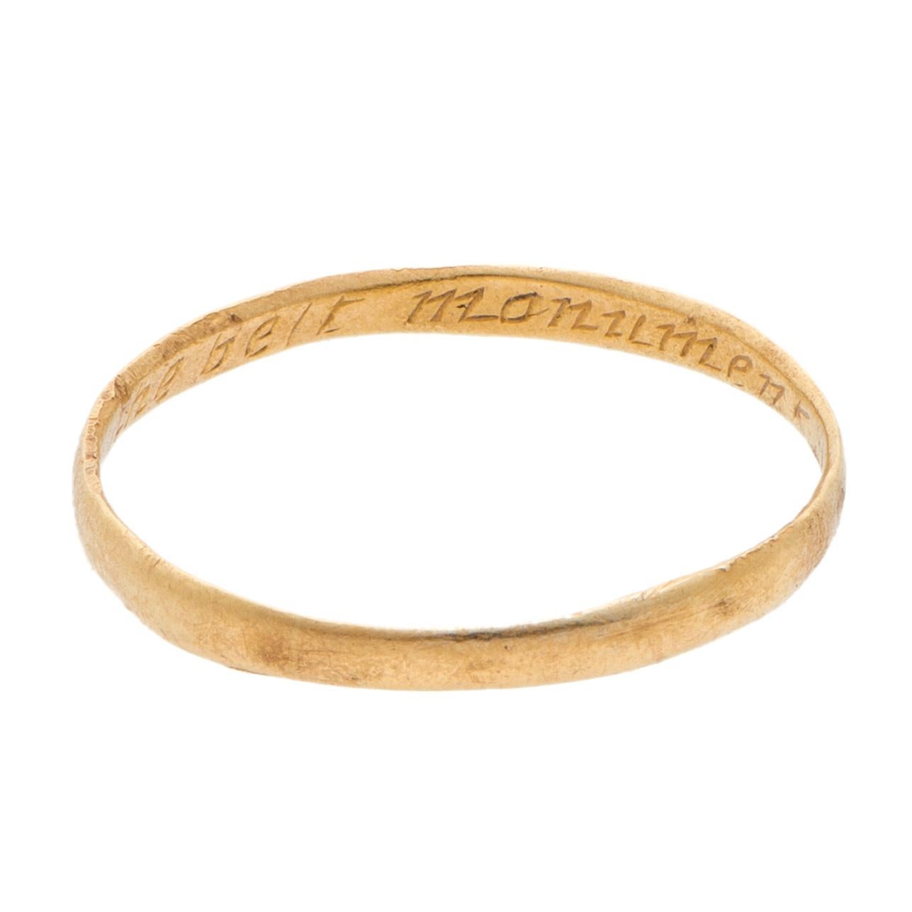 POSY RING “PIETY IS THE BEST MONUMENT”
England, 17th century
Gold
Weight: 1.5 g.; circumference: 60.1 mm.; size: US 9.25, UK S

Fine, irregular, D-section hoop. Italic inscription on the interior reads “Piety is the best monument” followed by the