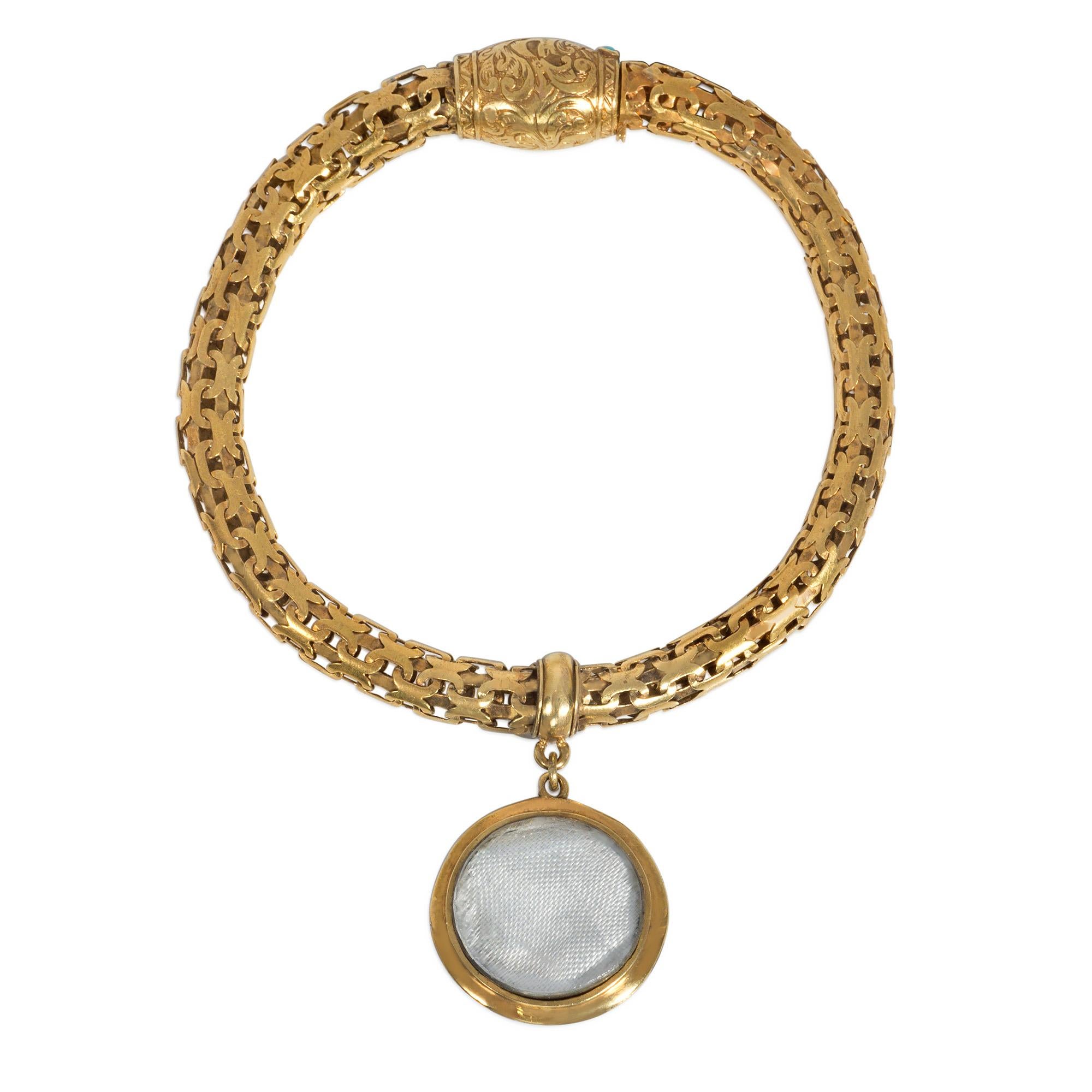 Victorian Antique English Gold Bracelet with Blue Enamel, Pearl, and Diamond Locket Charm For Sale