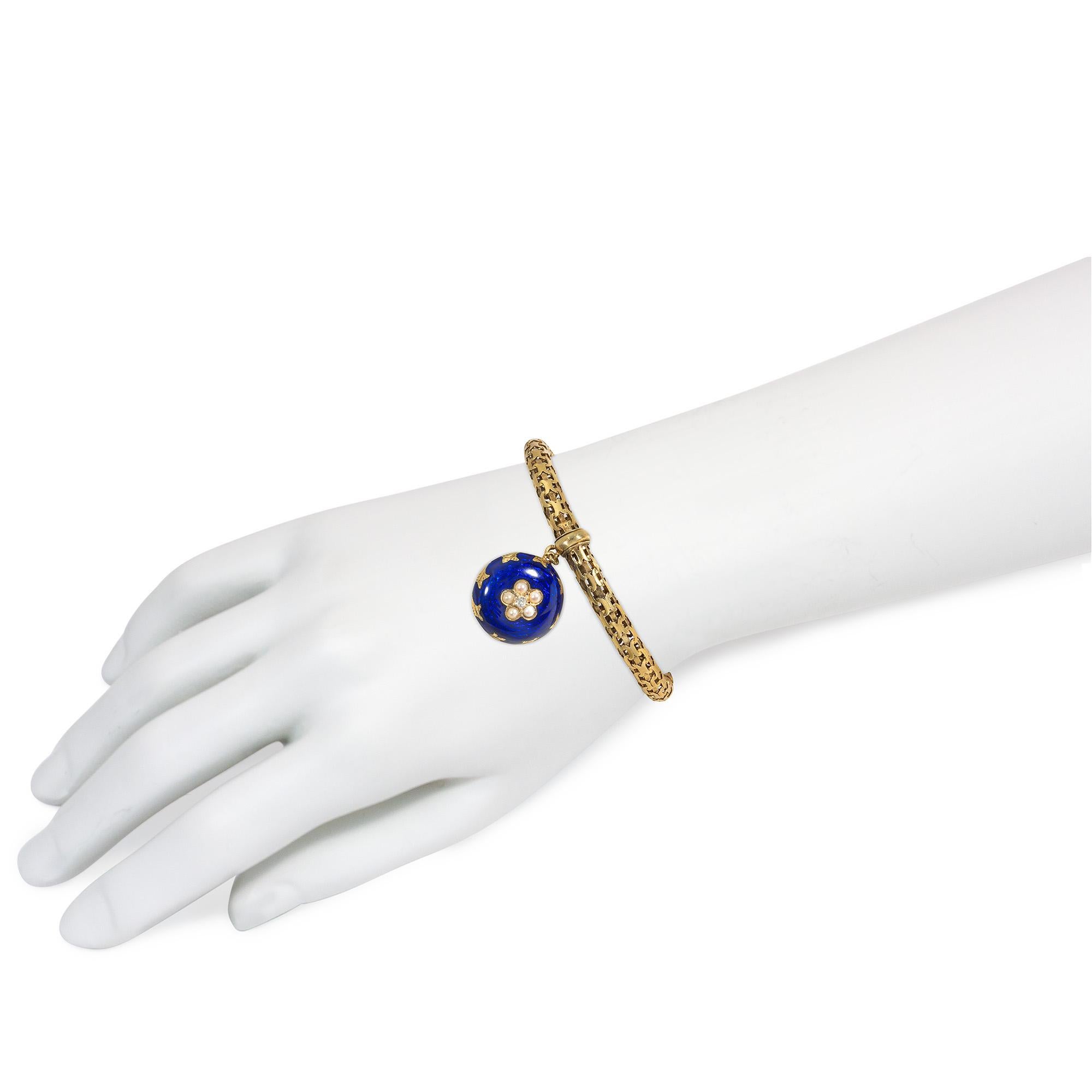 Antique English Gold Bracelet with Blue Enamel, Pearl, and Diamond Locket Charm In Good Condition For Sale In New York, NY