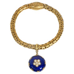 Antique English Gold Bracelet with Blue Enamel, Pearl, and Diamond Locket Charm