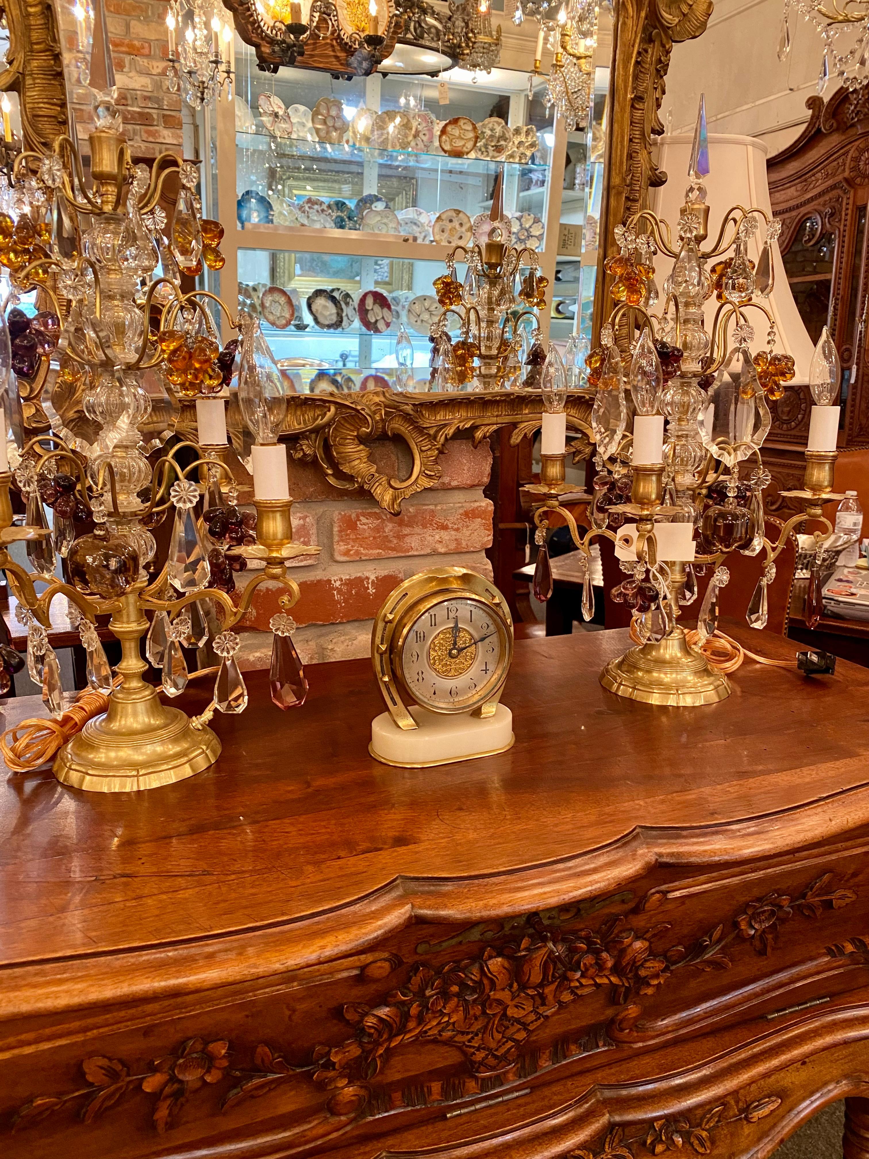 19th Century Antique English Gold Bronze and White Marble Horseshoe Desk Clock, Circa 1890
