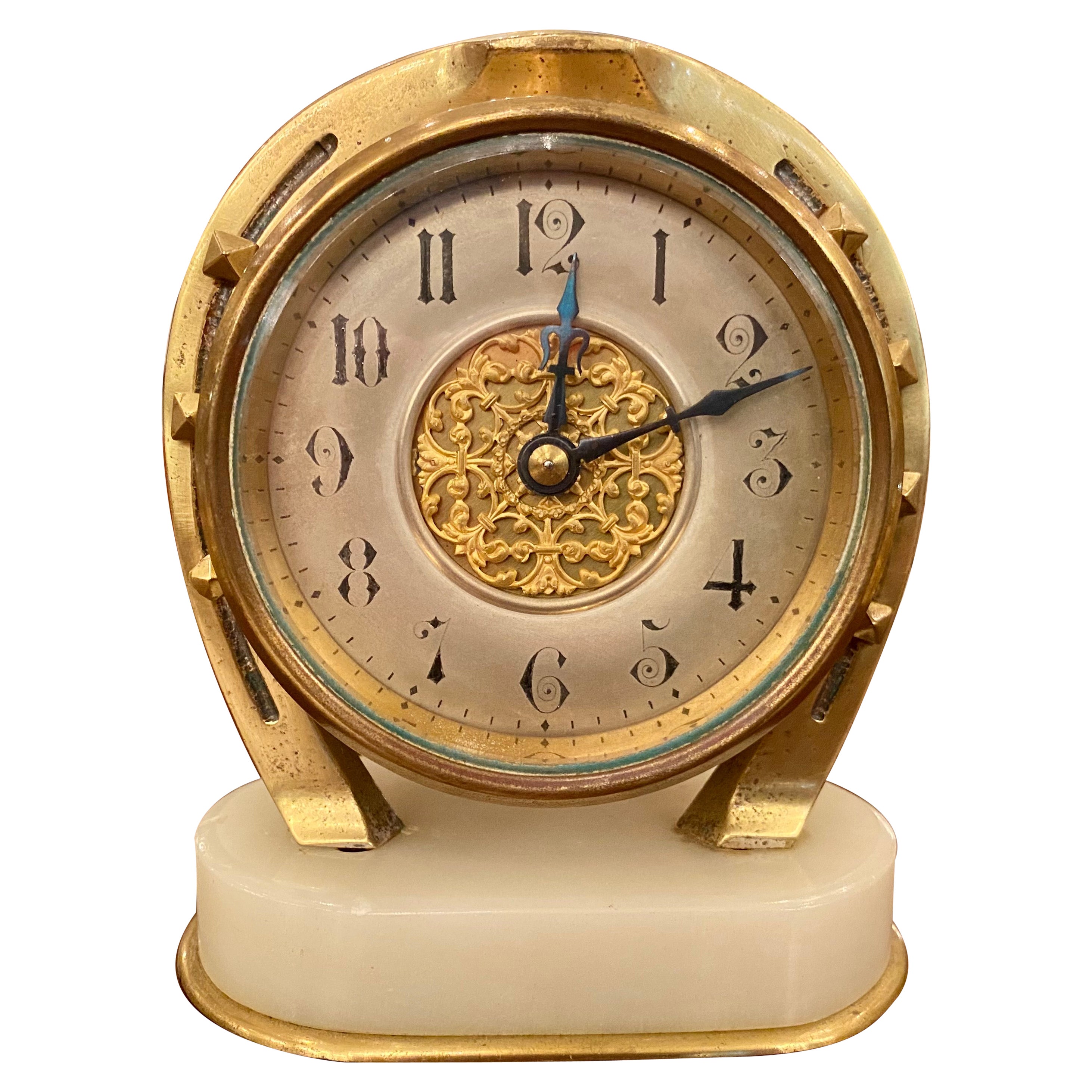 Antique English Gold Bronze and White Marble Horseshoe Desk Clock, Circa 1890