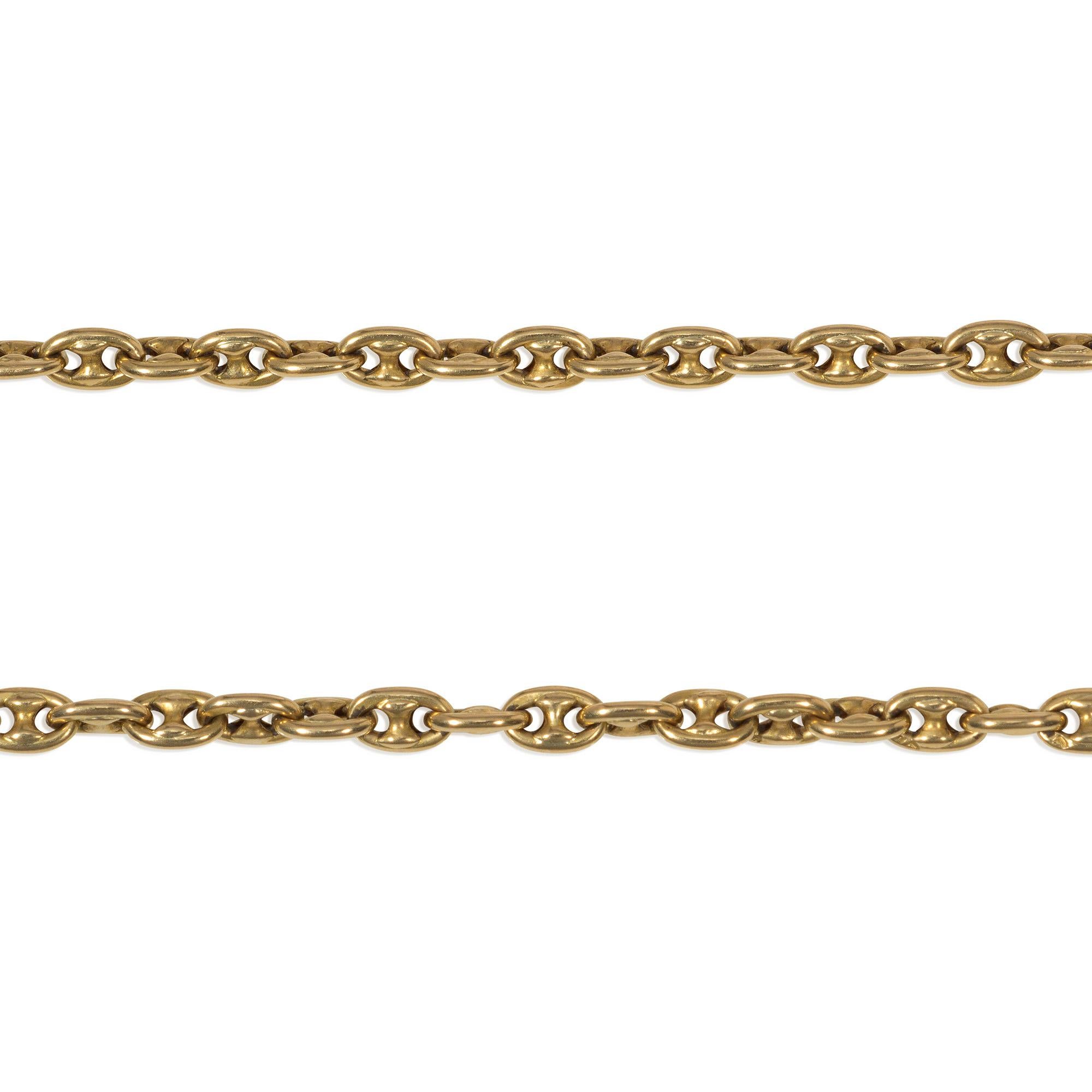 An antique Victorian period gold long necklace of anchor chain links, completed by a hinged clasp enabling chain to be worn at multiple lengths, in 18k.  England

* Includes letter of authenticity
* Free shipping

Please do not hesitate to request