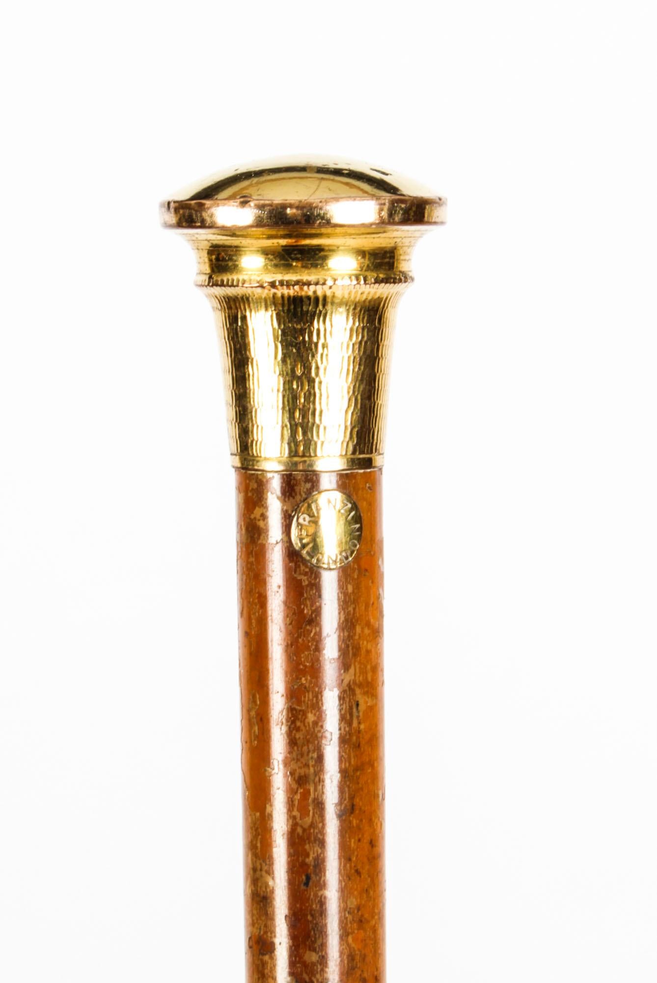 This is a beautiful antique English gentleman's malacca and 9 ct gold pommel walking stamped Franzi of London, late 19th Century in date.. 
 
The striking stick features a shaped and embossed pommel on a gentle tapering malacca shaft with its