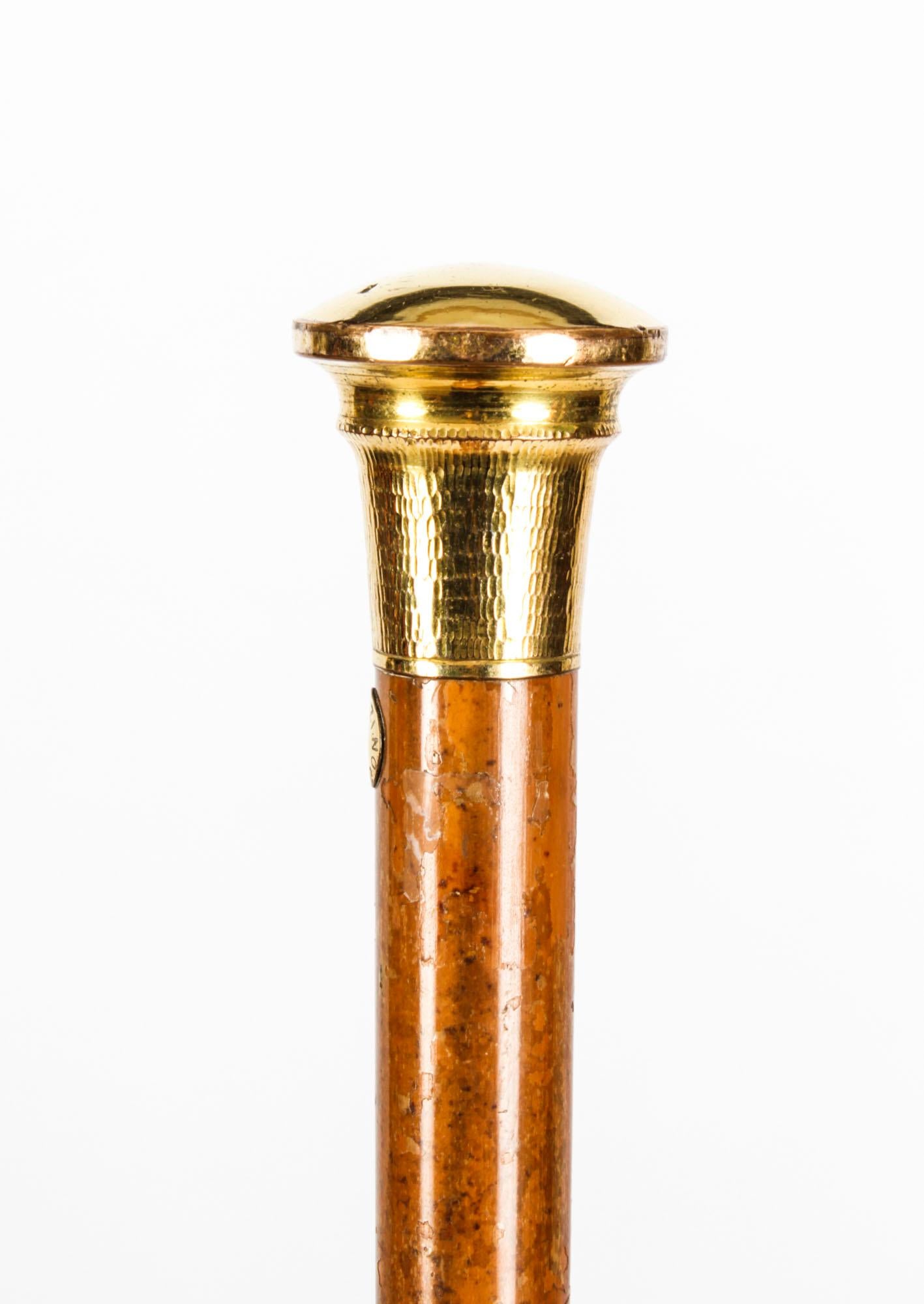 Late 19th Century Antique English Gold & Malacca Walking Stick Cane Franzi, 19th C