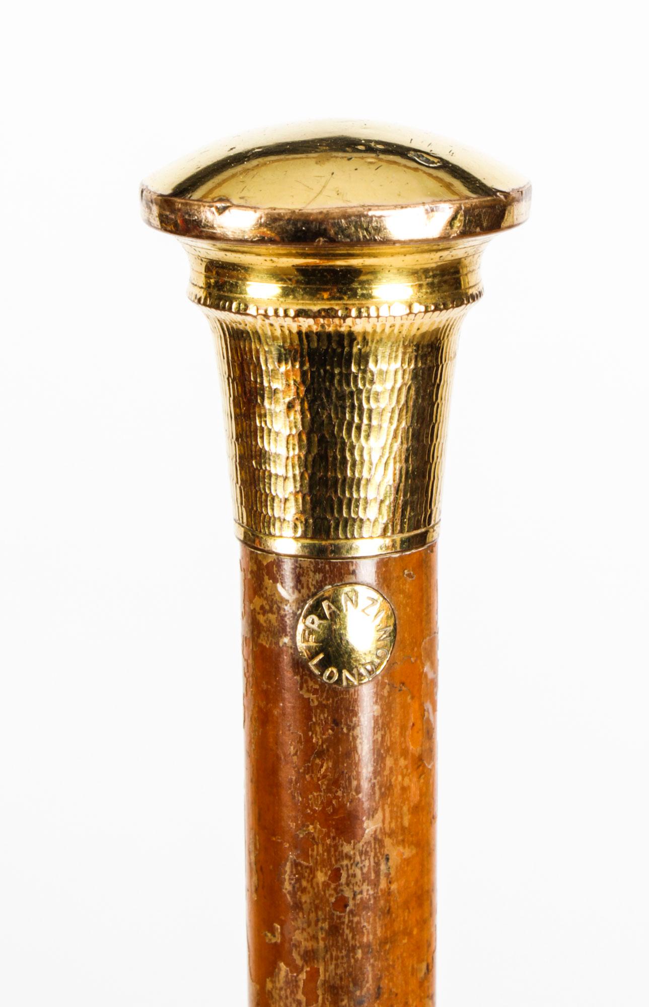 Antique English Gold & Malacca Walking Stick Cane Franzi, 19th C 1