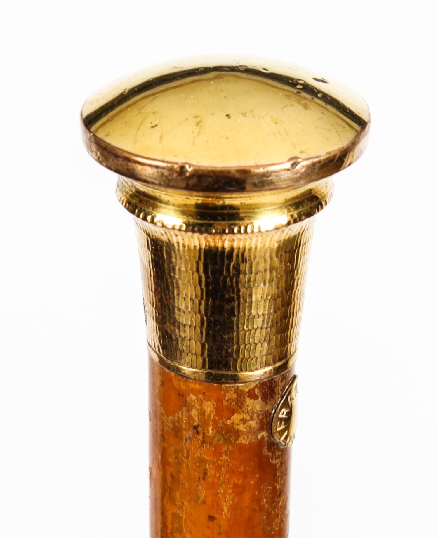 Antique English Gold & Malacca Walking Stick Cane Franzi, 19th C 2