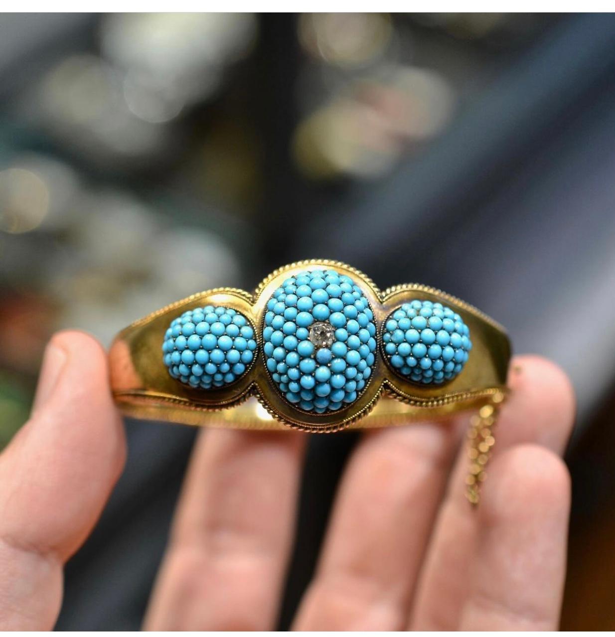 Victorian Antique English Gold Turquoise and Diamond Bangle Bracelet, 1870's For Sale