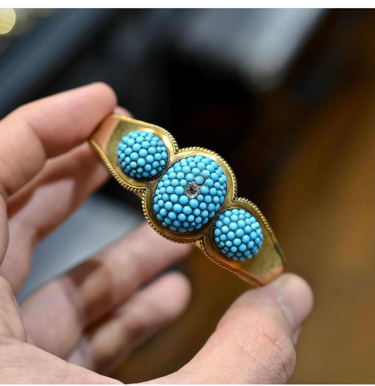 Old European Cut Antique English Gold Turquoise and Diamond Bangle Bracelet, 1870's For Sale
