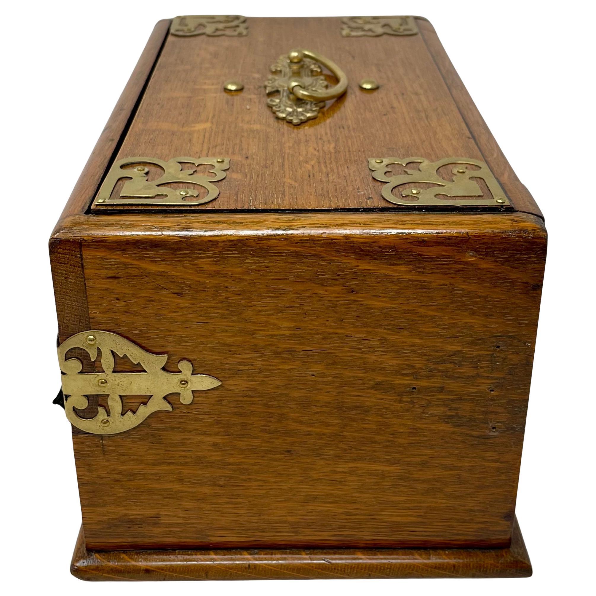 Antique English Golden Oak Mechanical Smoker's Box, Circa 1890's. For Sale 6