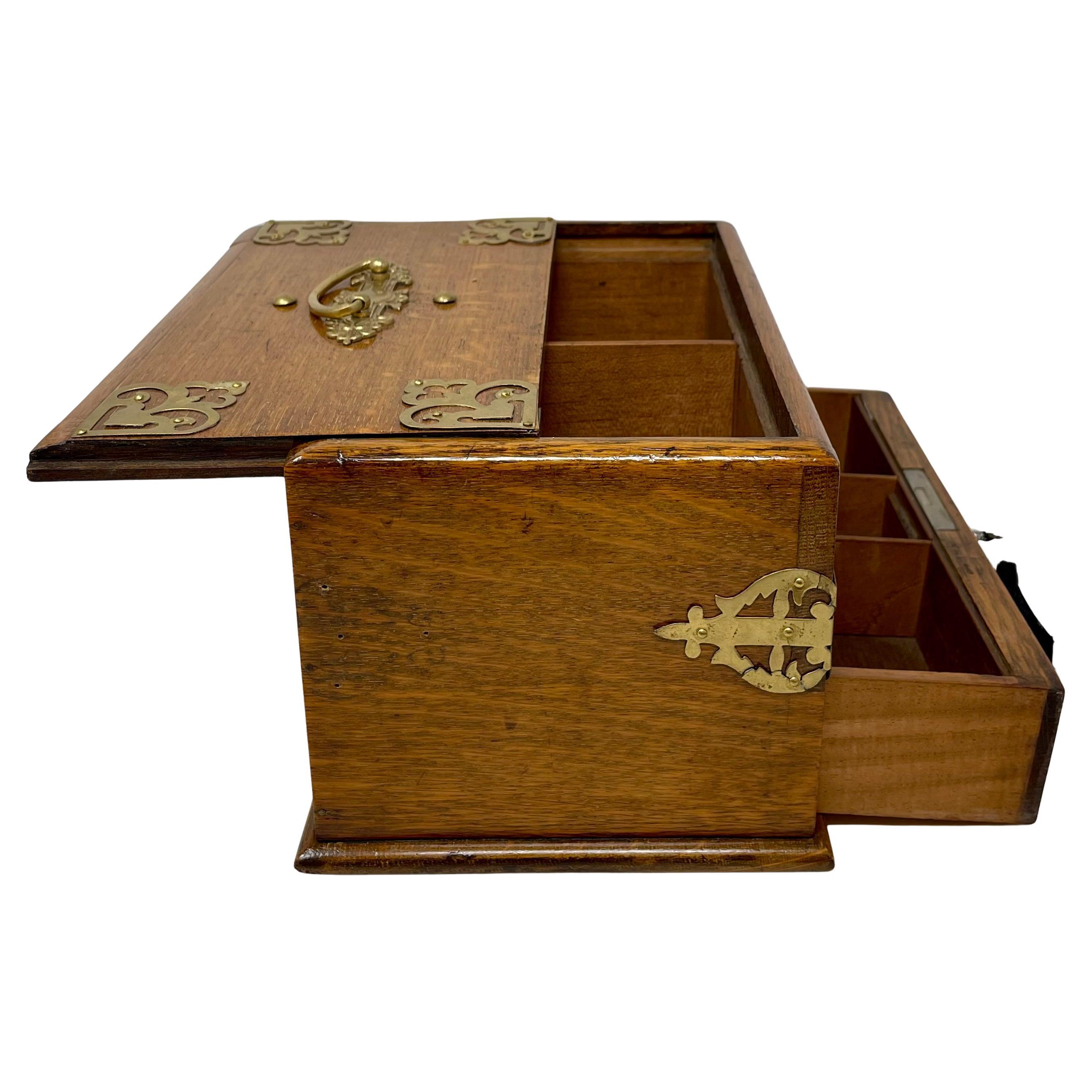 Antique English Golden Oak Mechanical Smoker's Box, Circa 1890's. For Sale 11