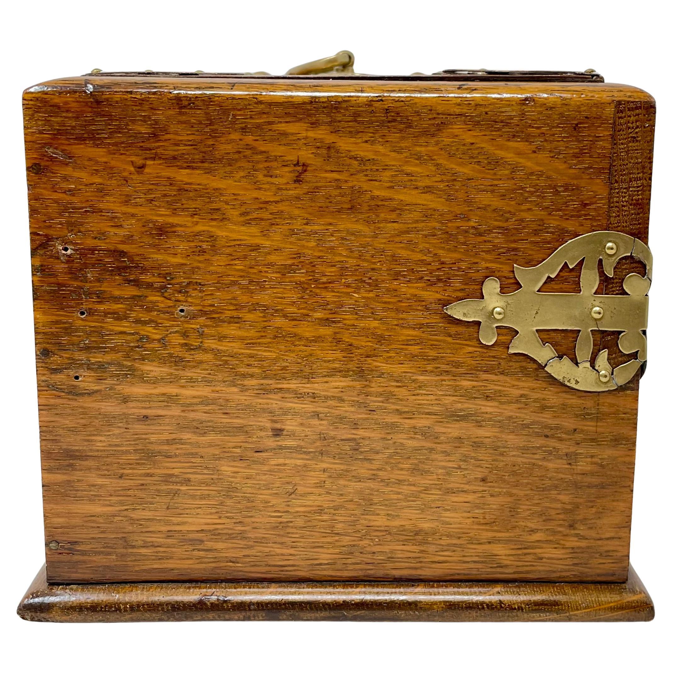 Antique English Golden Oak Mechanical Smoker's Box, Circa 1890's. For Sale 14