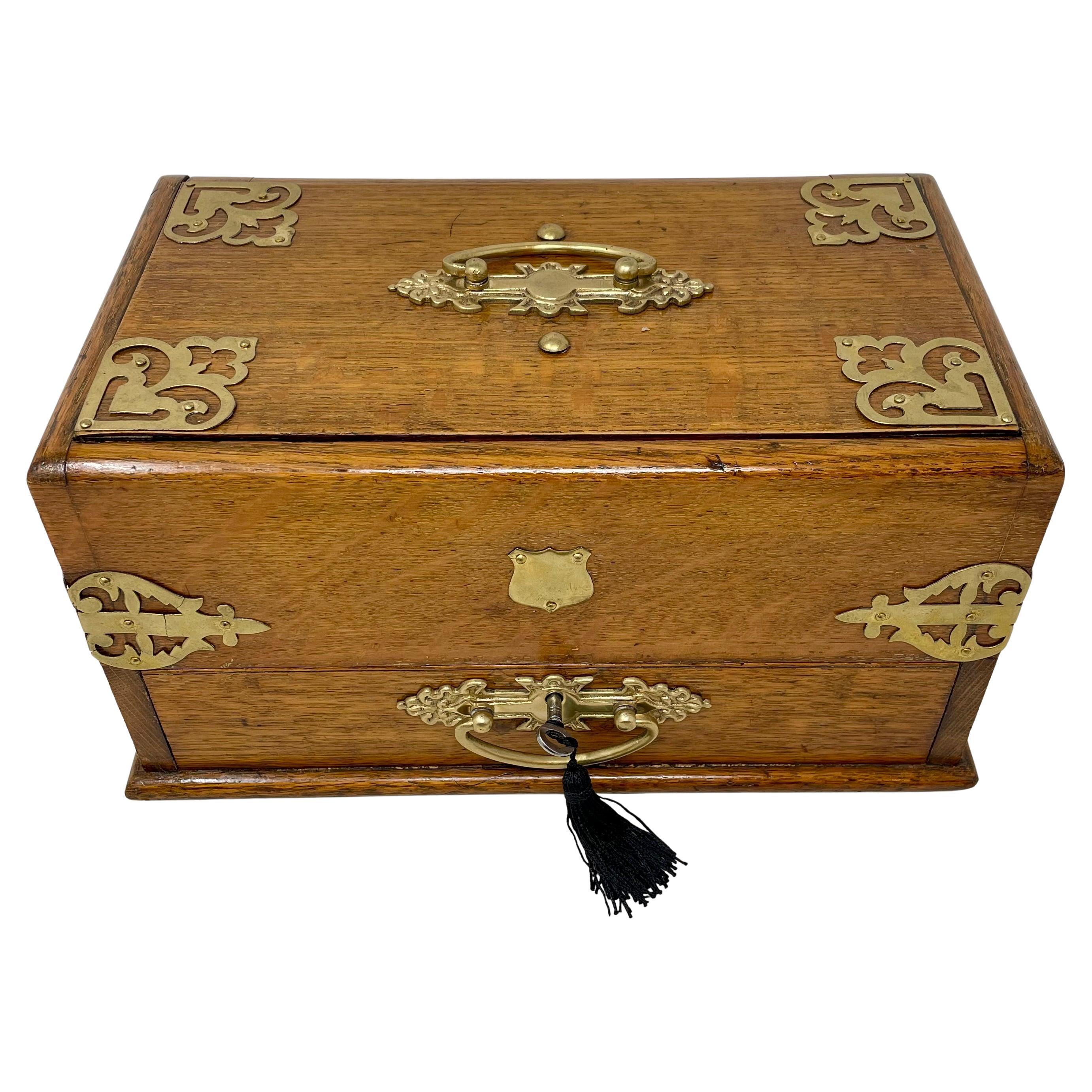 19th Century Antique English Golden Oak Mechanical Smoker's Box, Circa 1890's. For Sale