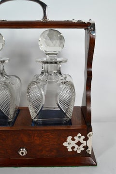 Antique English Golden Oak Two Bottle Tantalus, circa 1880