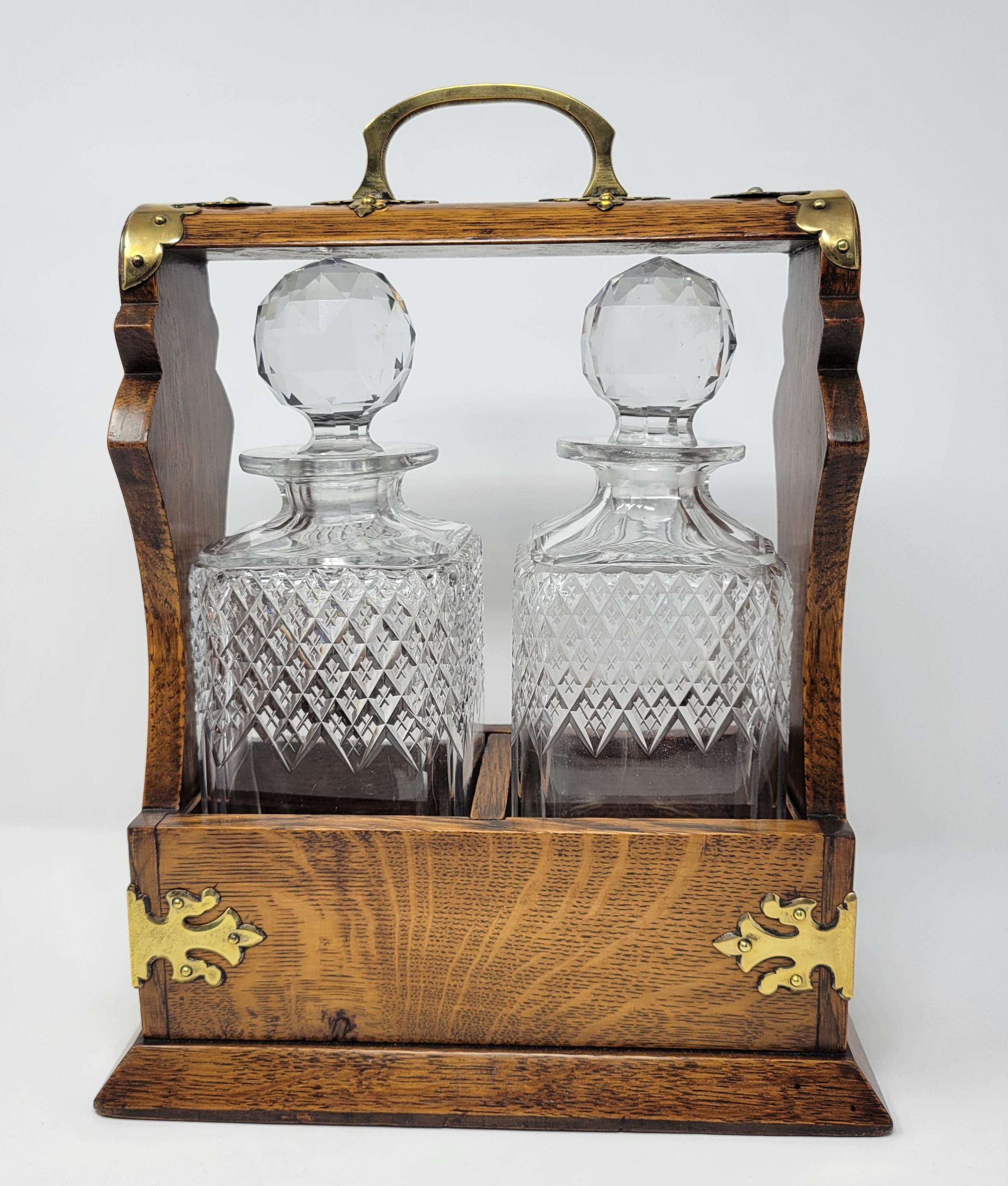 19th Century Antique English Golden Oak Two Bottle Tantalus For Sale