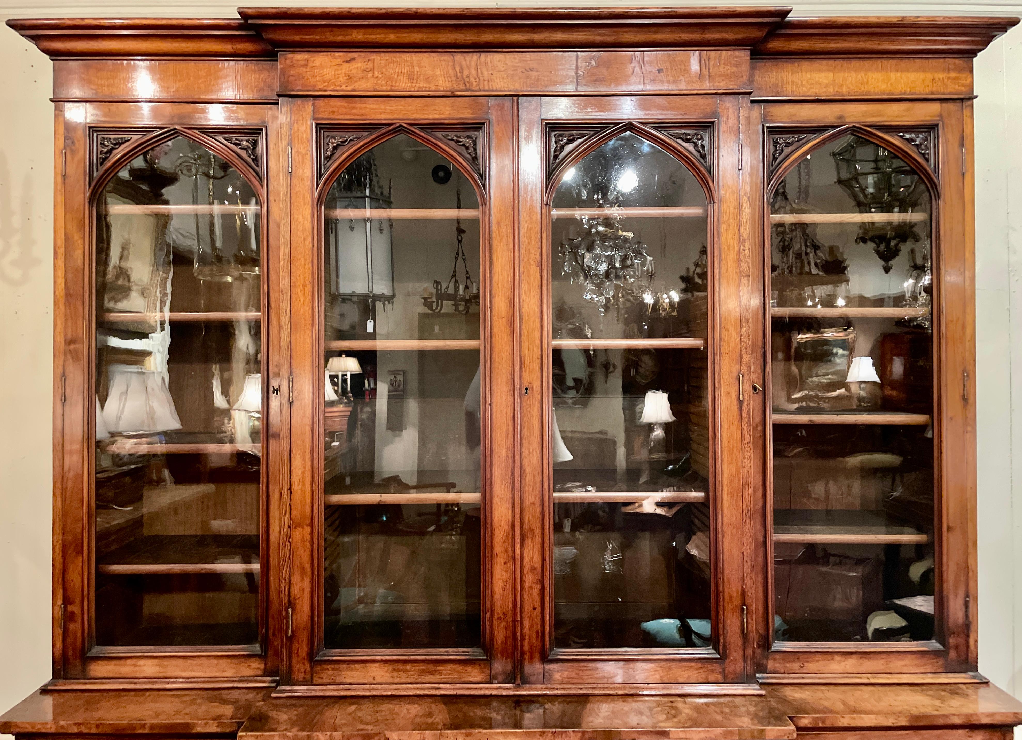 19th Century Antique English Gothic Burled Walnut Breakfront Bookcase, Circa 1880. For Sale
