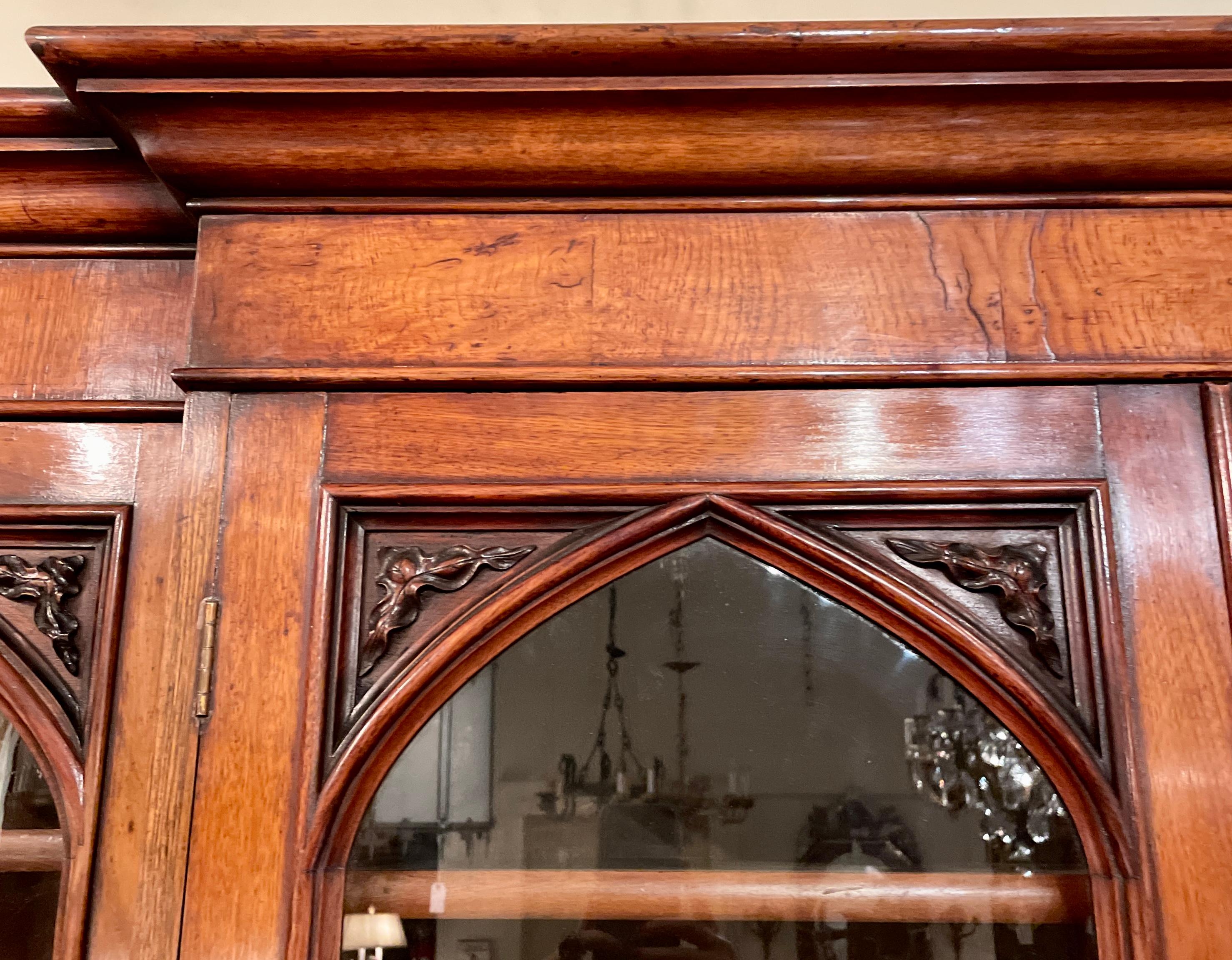 Antique English Gothic Burled Walnut Breakfront Bookcase, Circa 1880. For Sale 1