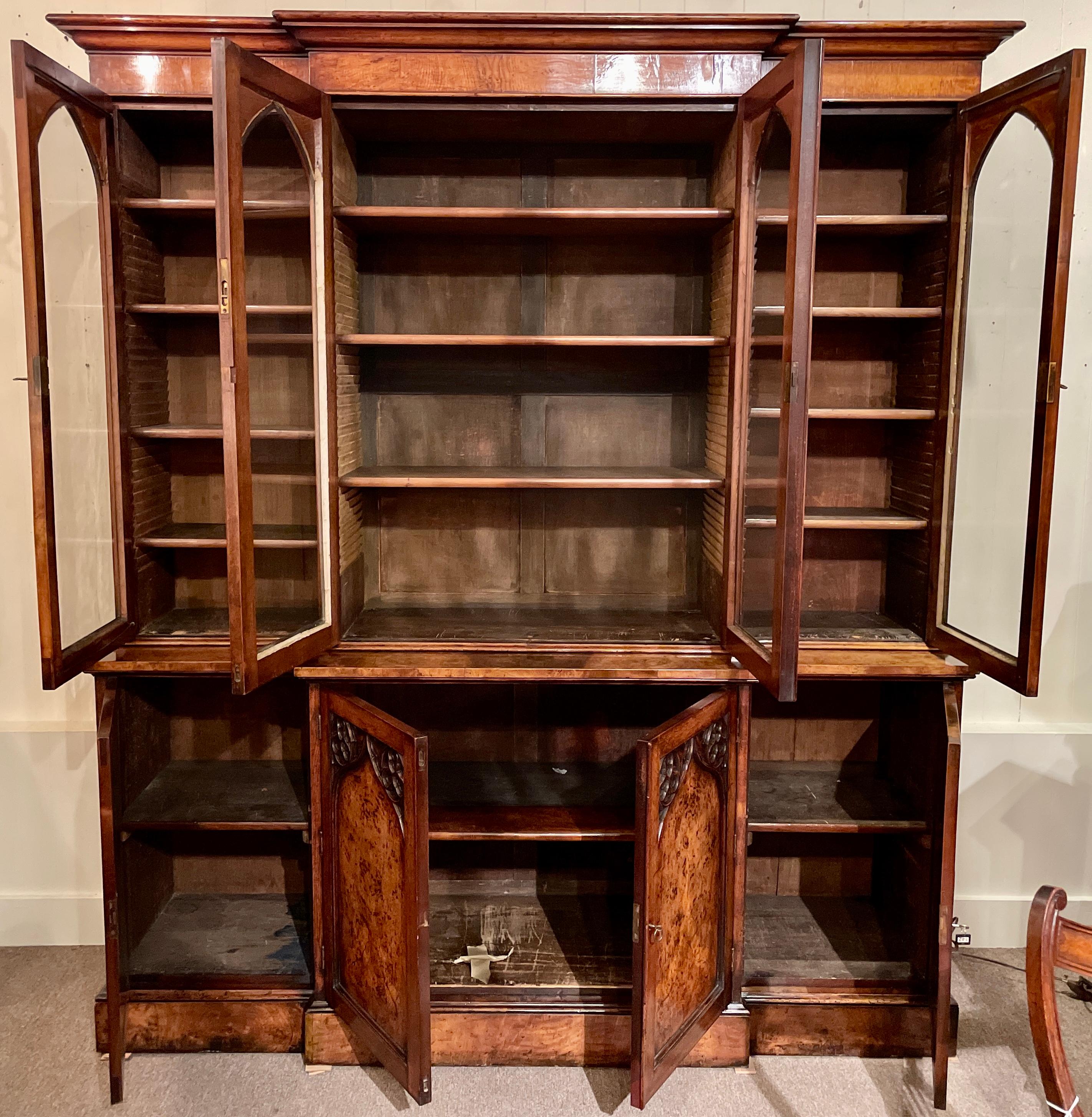 Antique English Gothic Burled Walnut Breakfront Bookcase, Circa 1880. For Sale 5