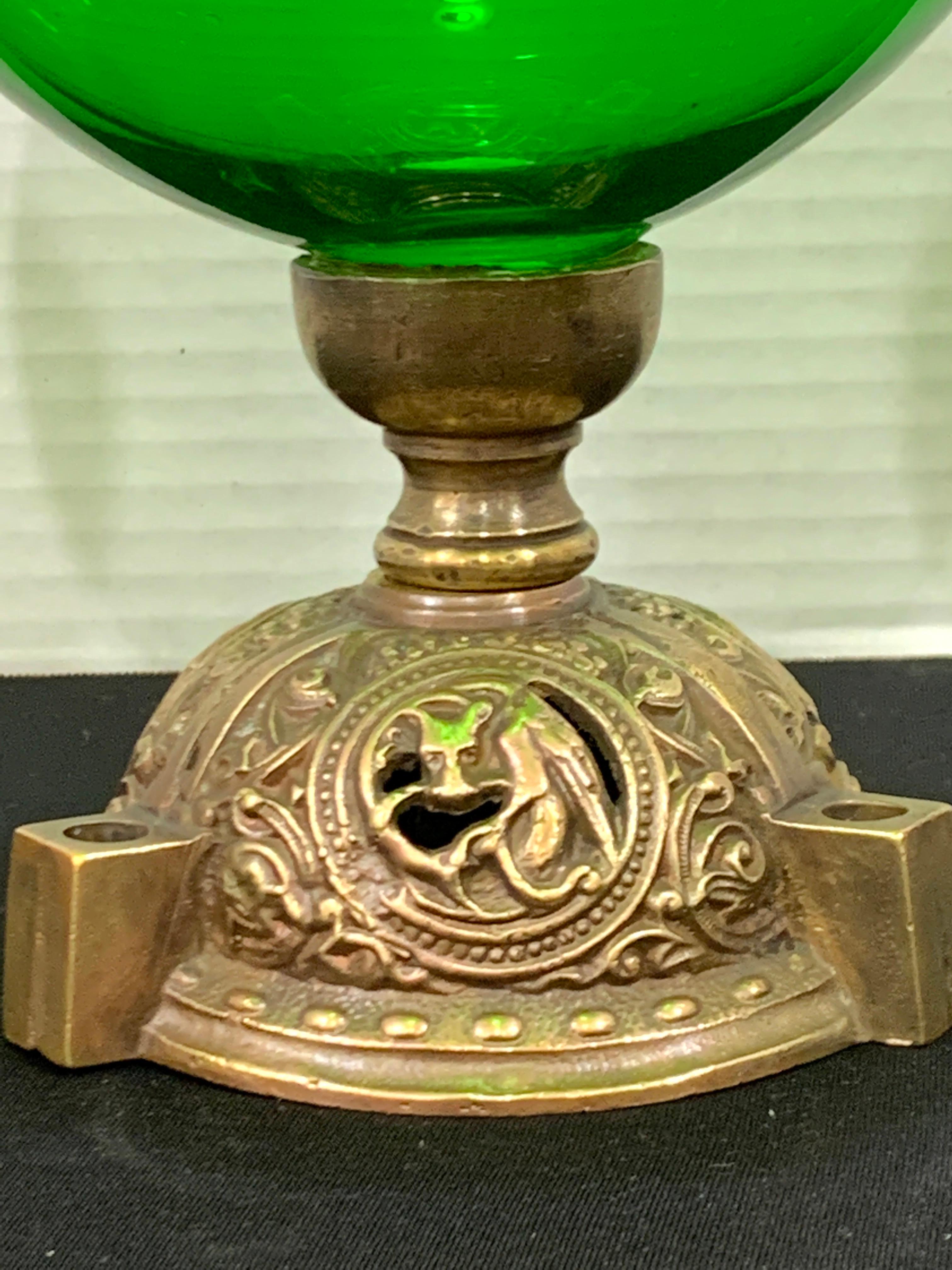 Cast Antique English Gothic Emerald Green Glass Bronze Mounted Newel Post, circa 1890
