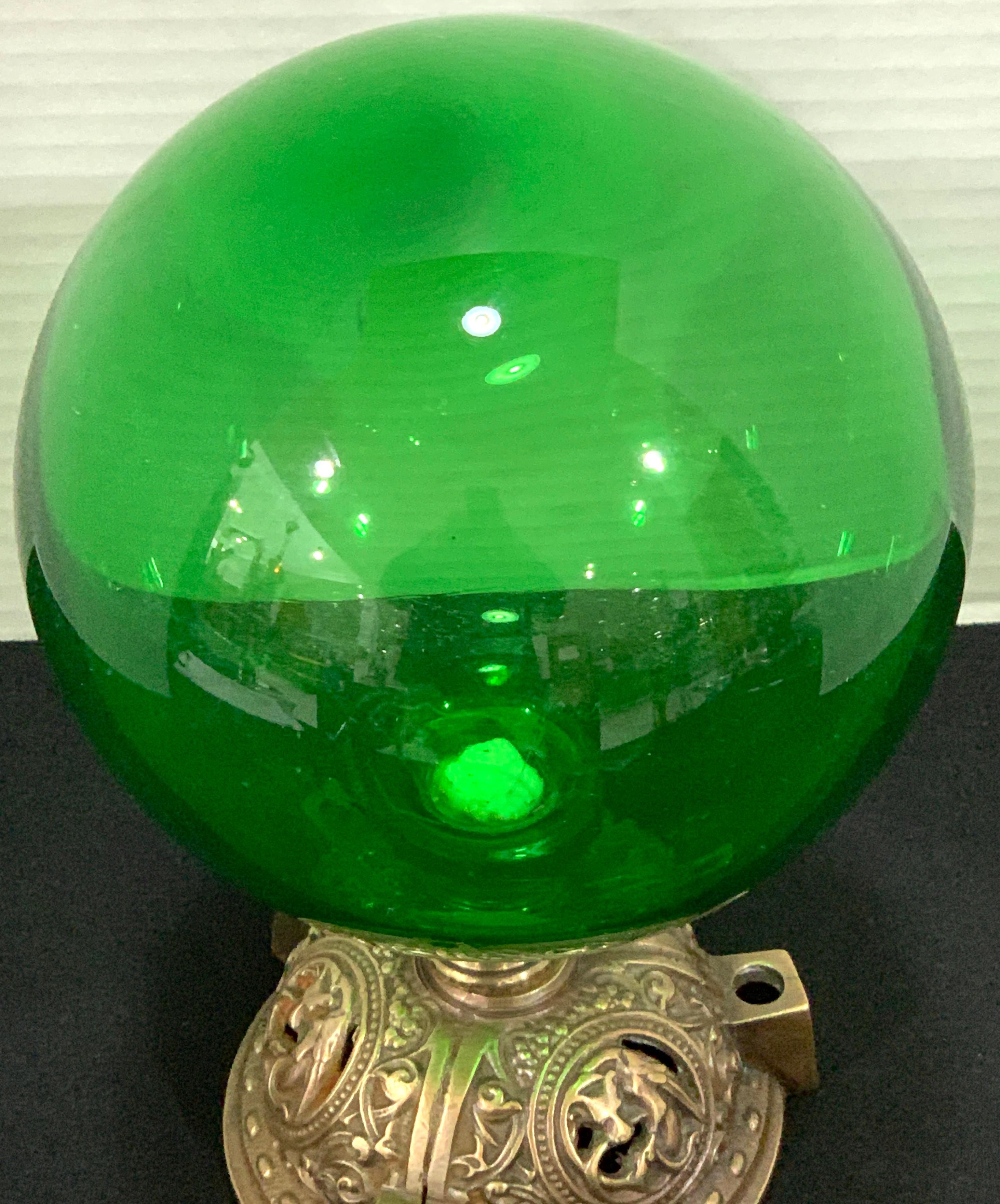Antique English Gothic Emerald Green Glass Bronze Mounted Newel Post, circa 1890 1
