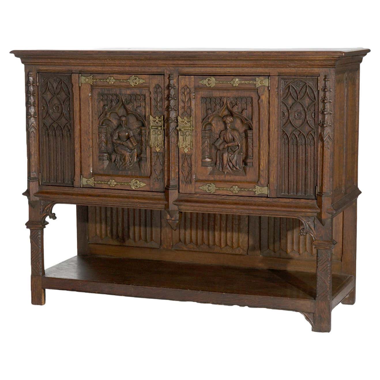 Antique English Gothic Figural Caved Oak Server, C1910 at 1stDibs