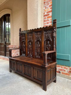 Antique English Gothic Hall Bench Carved Oak Medieval Knights Settle c1880