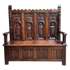 Antique English Gothic Hall Bench Carved Oak Medieval Knights Settle c1880