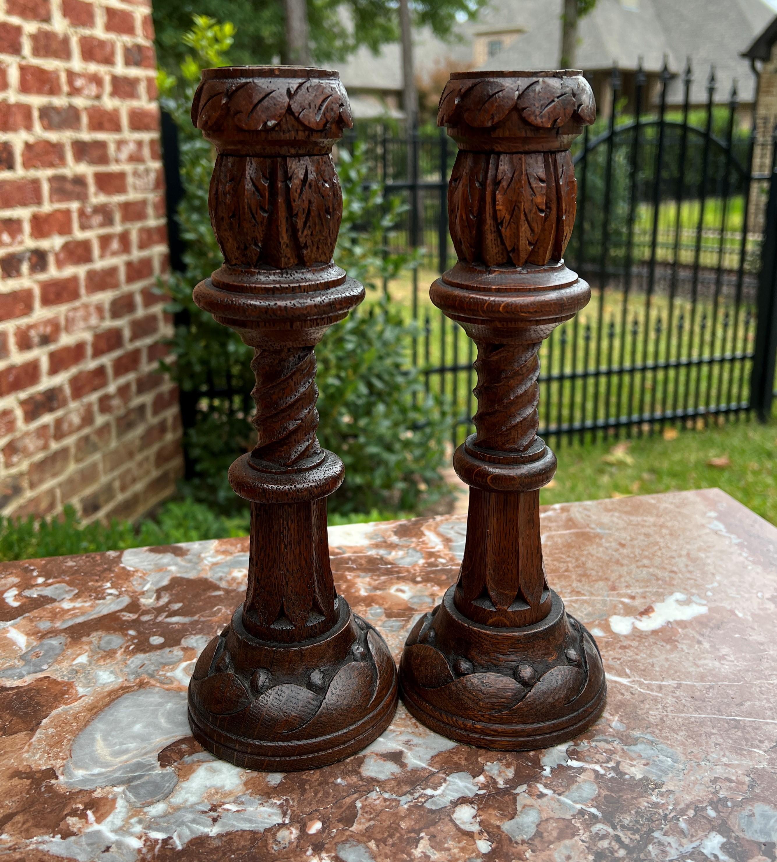 Antique English Gothic Revival Candlesticks Candle Holders Oak Pair For Sale 3