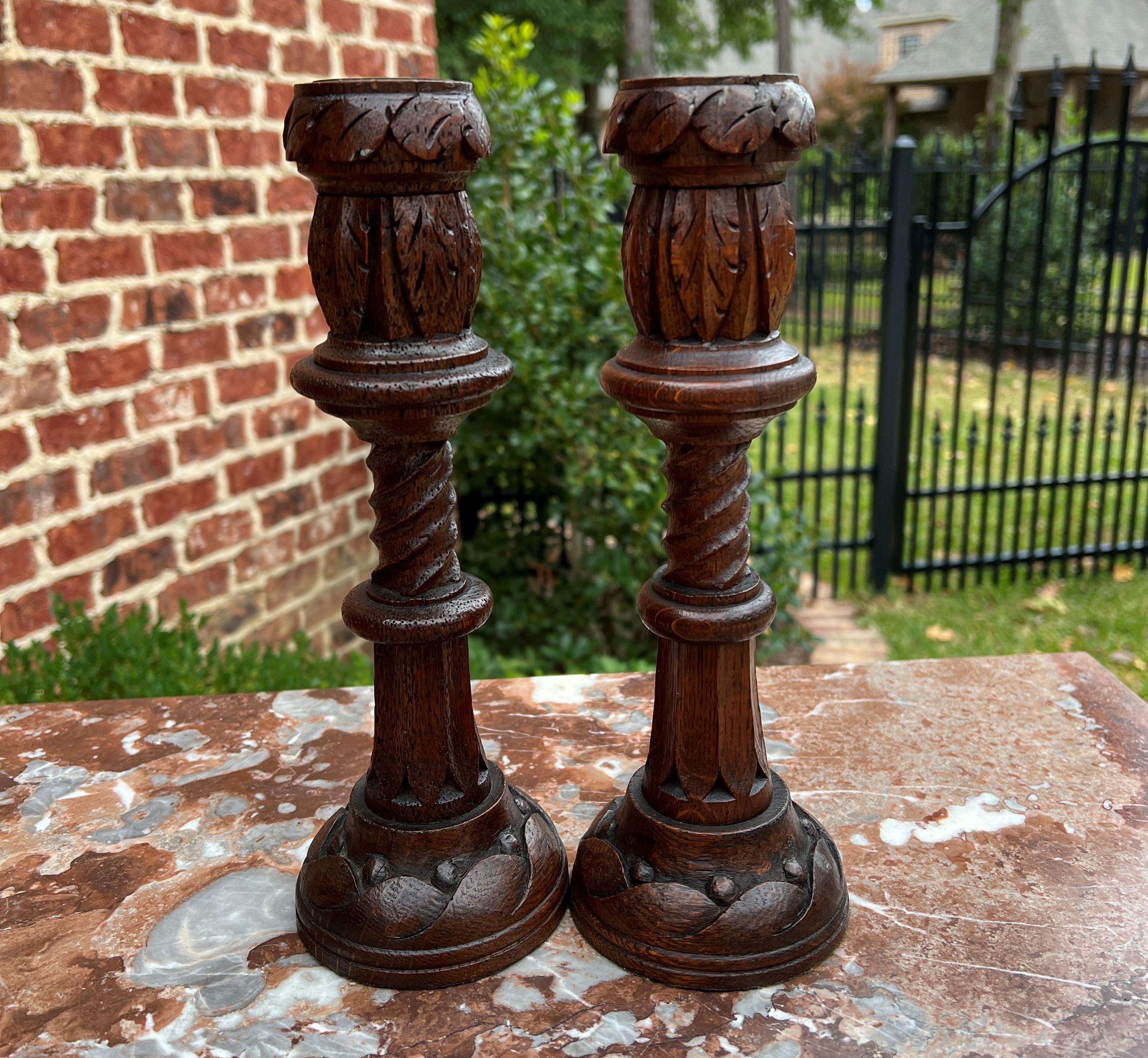 Antique English Gothic Revival Candlesticks Candle Holders Oak Pair For Sale 4
