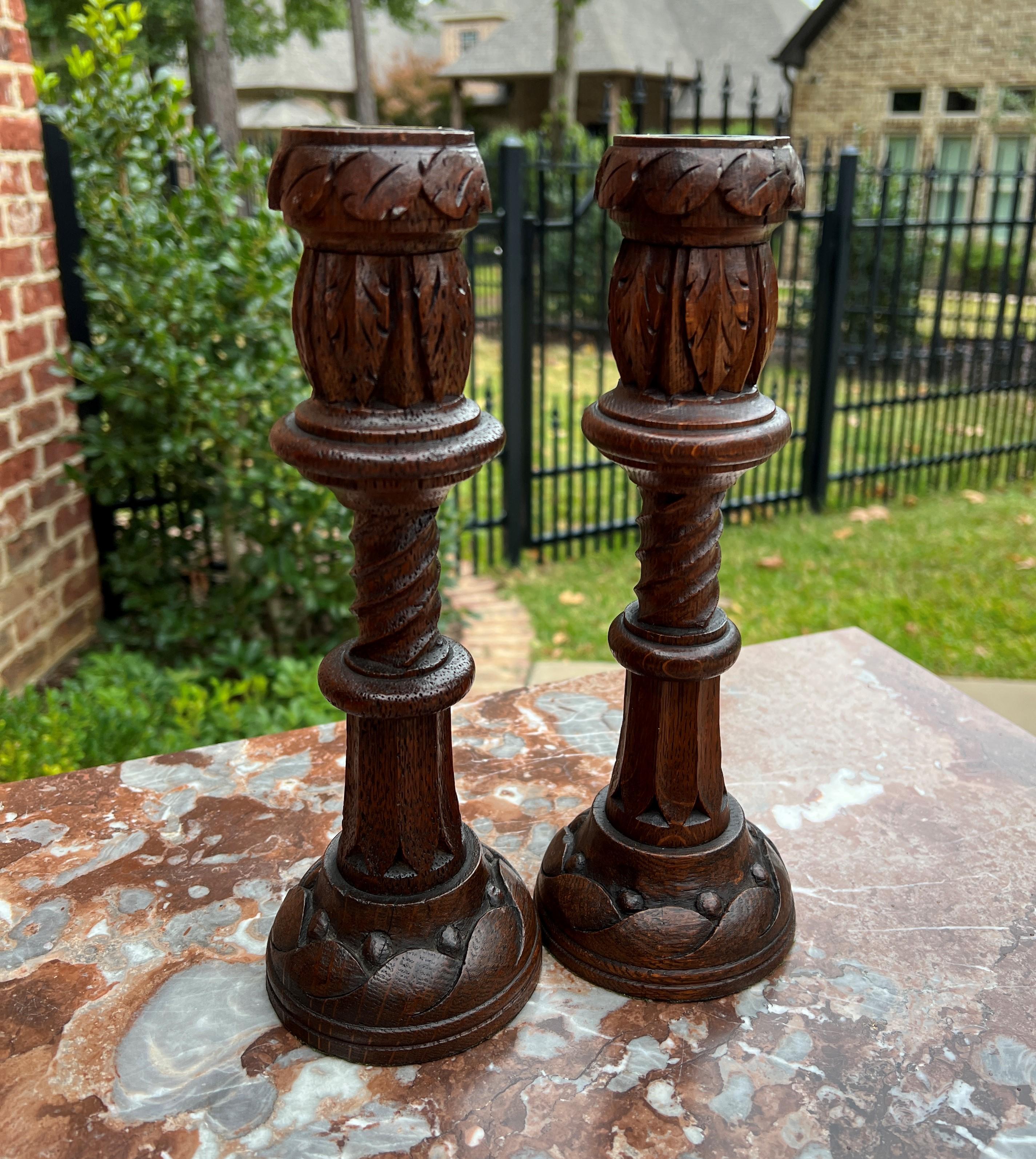 Antique English Gothic Revival Candlesticks Candle Holders Oak Pair For Sale 6