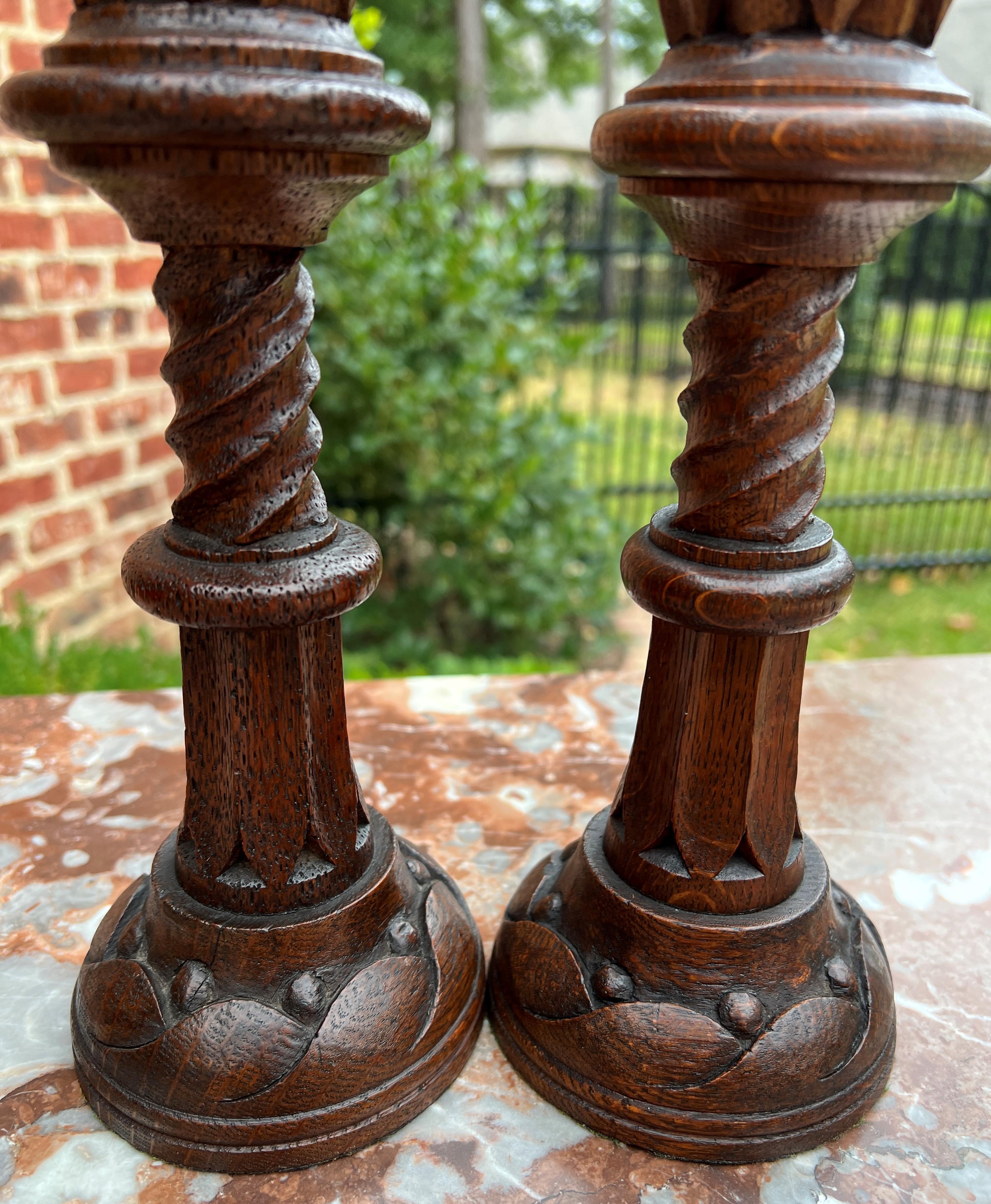 Antique English Gothic Revival Candlesticks Candle Holders Oak Pair For Sale 8